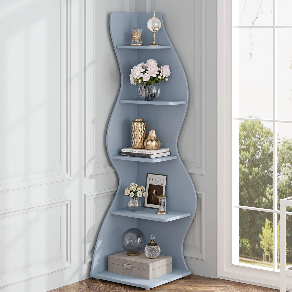 5-Tier White Corner Shelf Storage Rack Wooden Display Bookshelf for Living Room Bedroom Office Blue