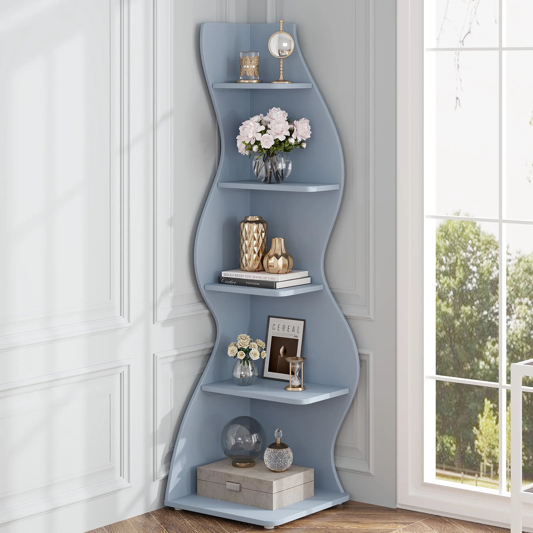 5-Tier White Corner Shelf Storage Rack Wooden Display Bookshelf for Living Room Bedroom Office Blue