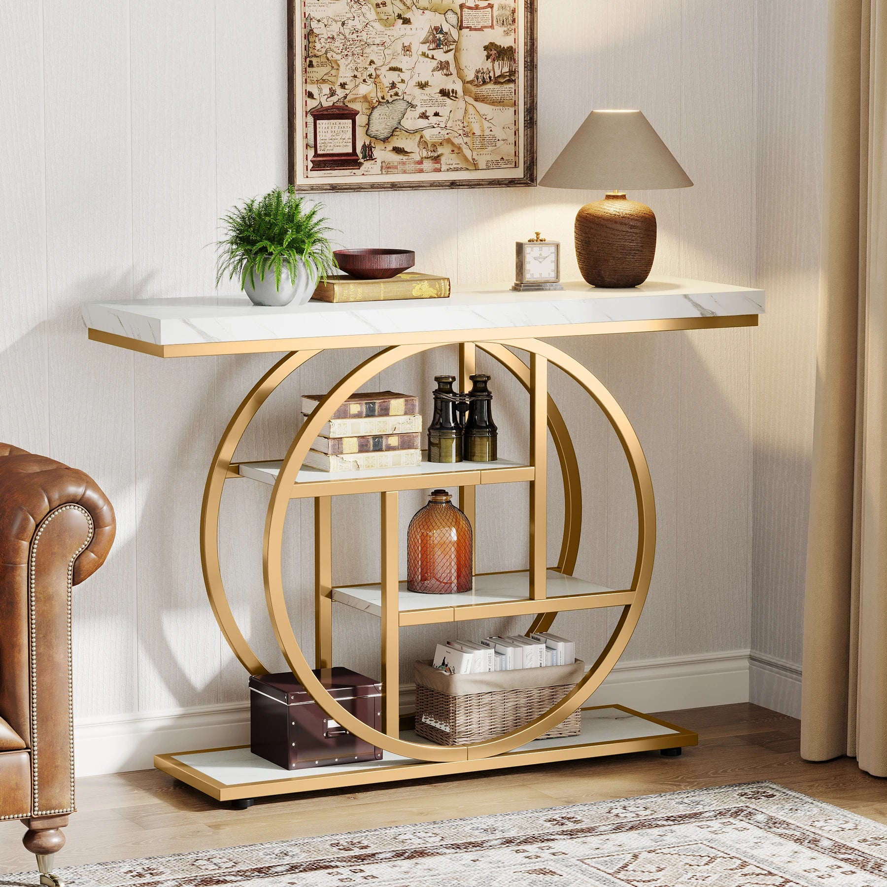 4-Tier Industrial Console Table with Metal Frame and Wooden Shelves Entryway Hallway Storage Table Gold