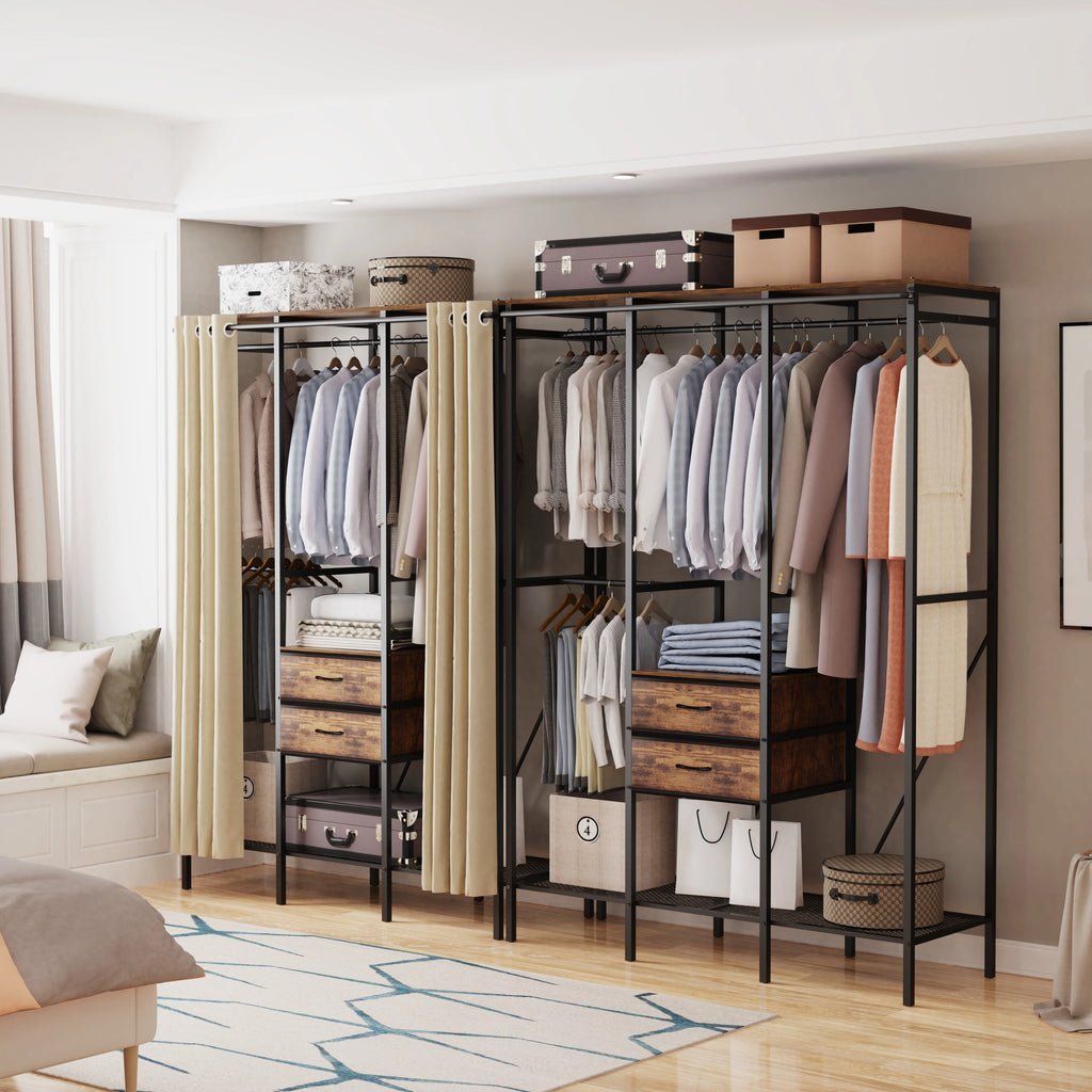 Heavy Duty Clothes Rack Wardrobe with Shelves and Dustproof Cover Industrial Garment Rack XXL Black & Brown