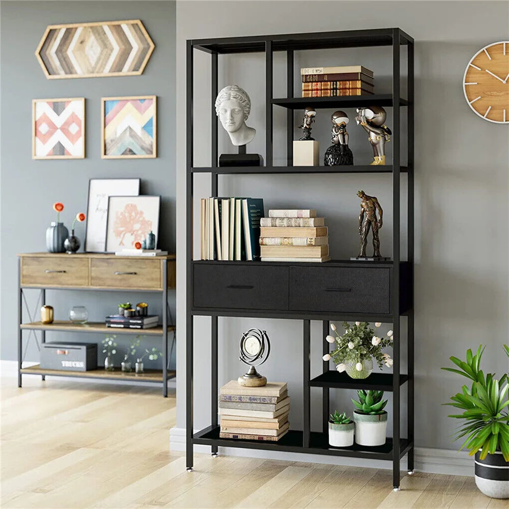 5-Tier Industrial Bookshelf with Drawers Metal and Wood Storage Display Shelf Black
