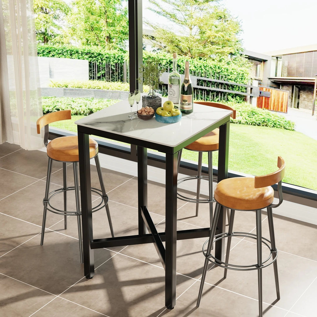Square Bar Table with Sintered Stone Top and Metal Frame 70cm Modern Kitchen Pub Table Glossy White