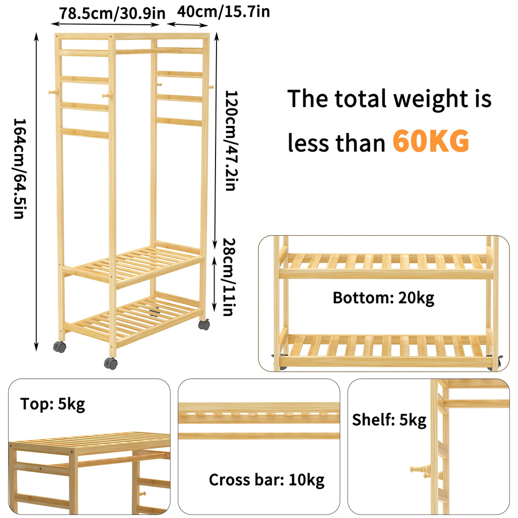 Bamboo Clothes Rack with Shelves, Hooks and Wheels Freestanding Garment Rack Organizer Natural Wood
