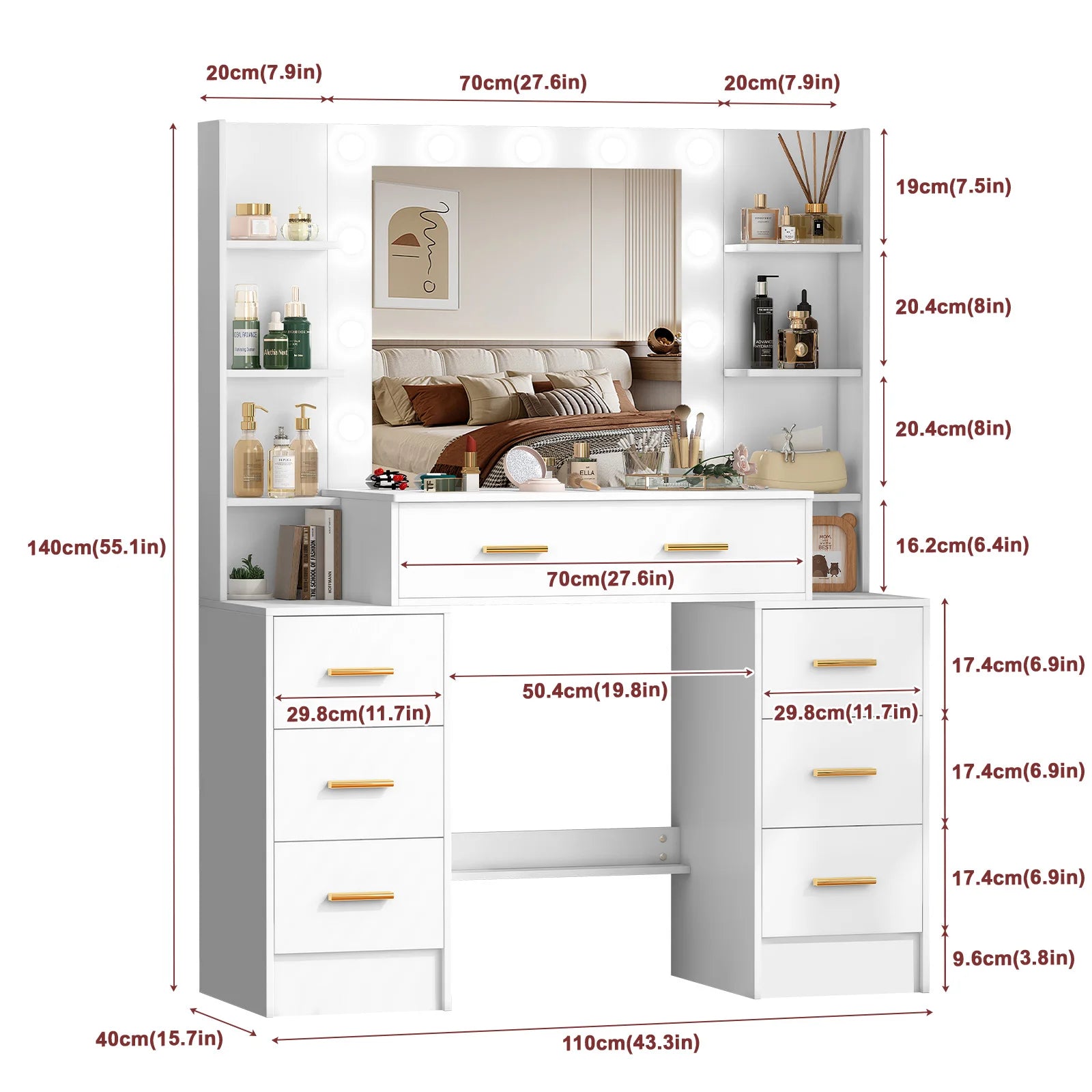 Vanity Table with LED Mirror and 7 Drawers Makeup Dressing Table with Storage Shelves
