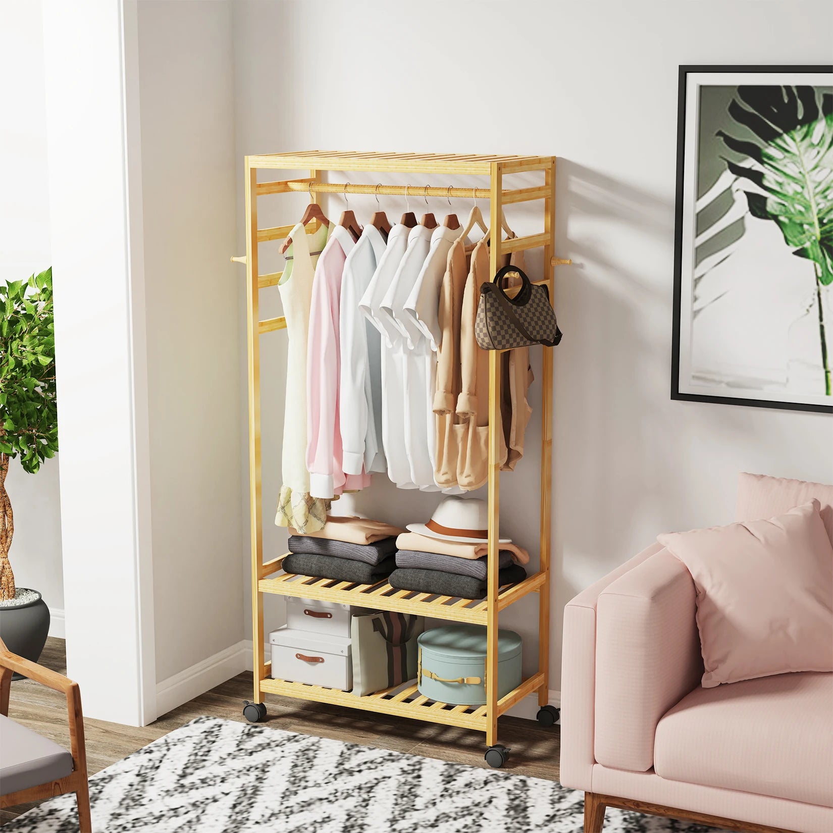 Bamboo Clothes Rack with Shelves, Hooks and Wheels Freestanding Garment Rack Organizer Natural Wood