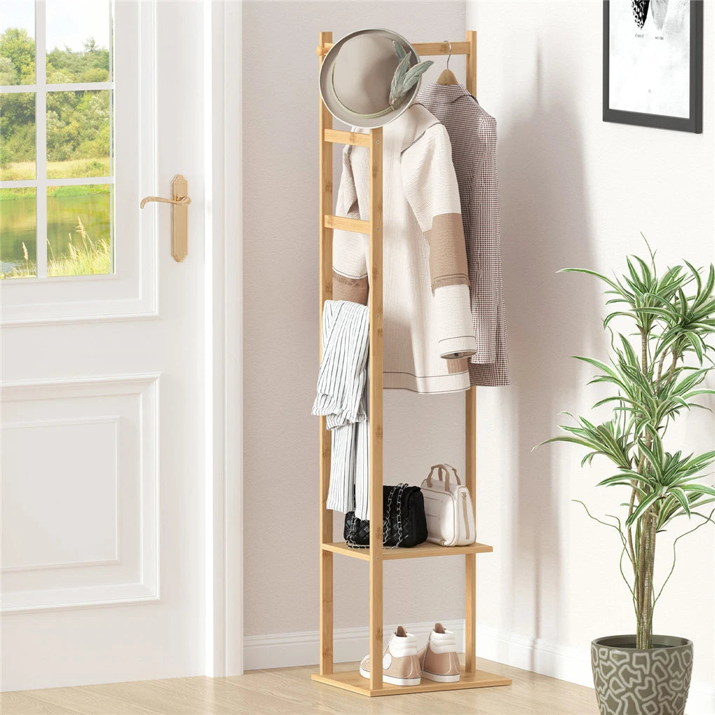 Bamboo Coat Rack Stand with Shelves and Hooks Freestanding Clothes Organiser Natural Wood