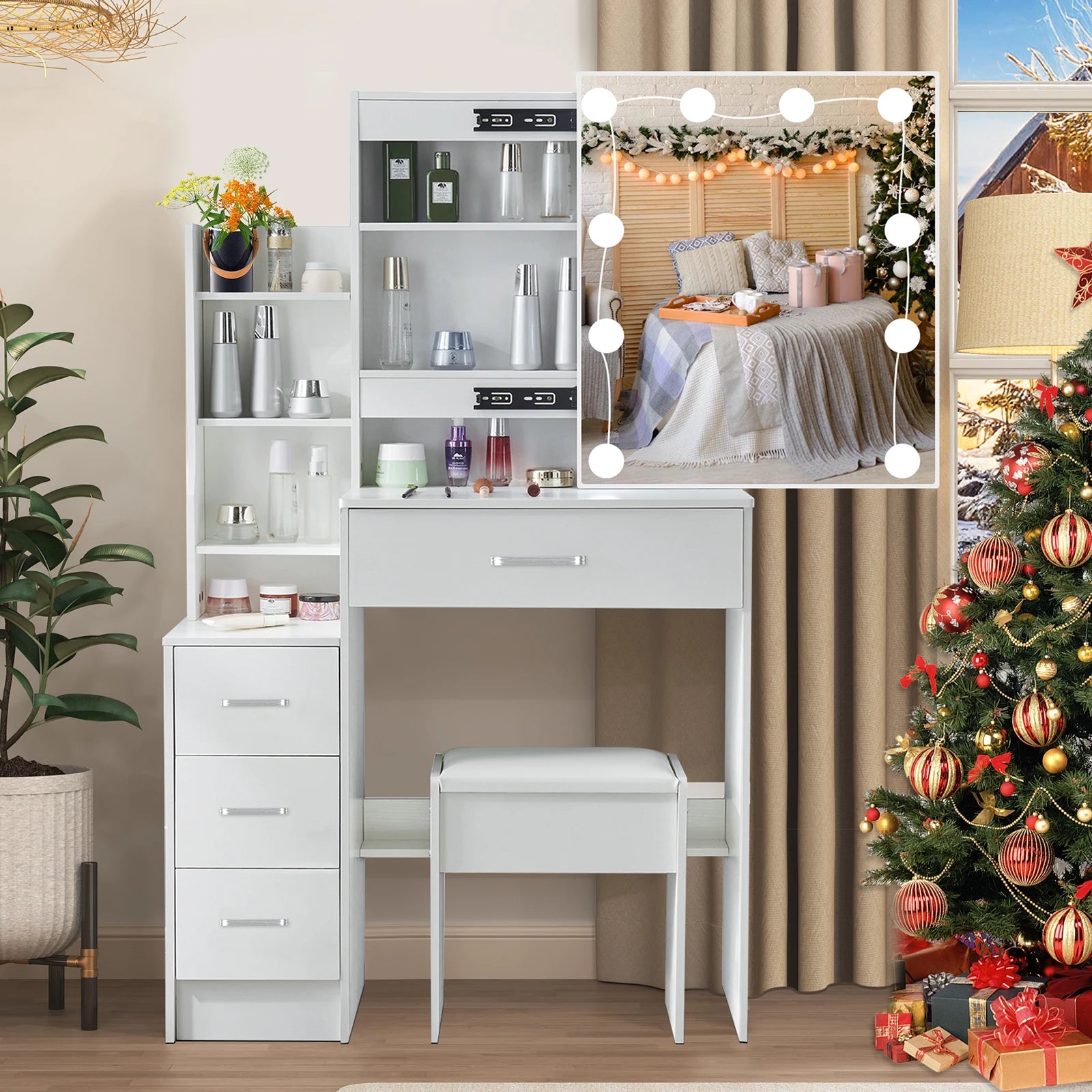Vanity Table Set with LED Mirror, Stool and 4 Drawers Sliding Mirror Makeup Desk White