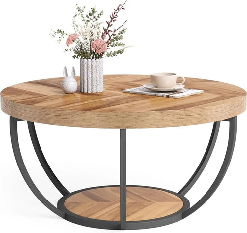 2-Tier Round Coffee Table with Metal Frame and Wooden Shelves Modern Living Room Side Table