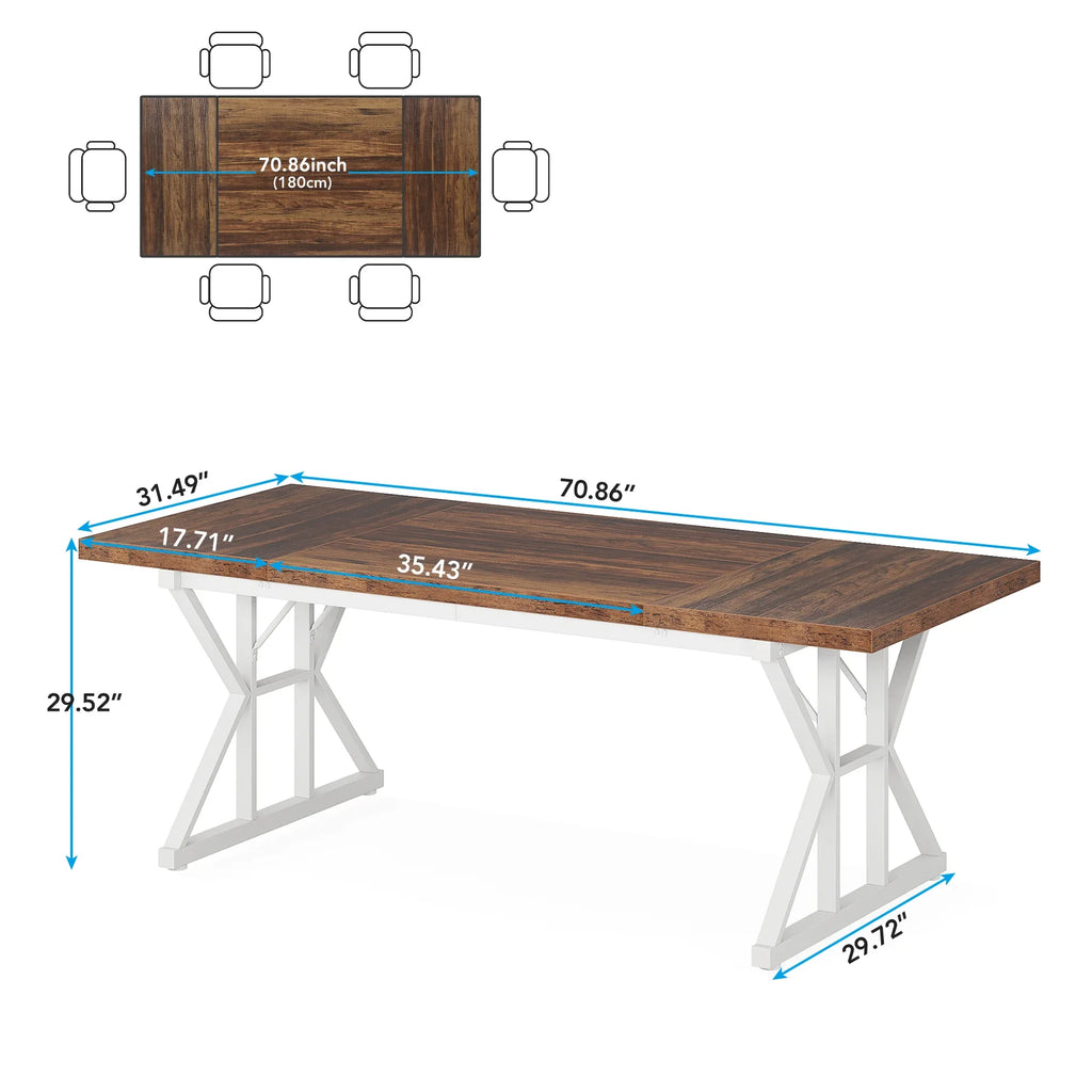6-Seater Farmhouse Dining Table with Metal Trestle Frame and Wooden Top 180cm Kitchen Table Walnut and Black