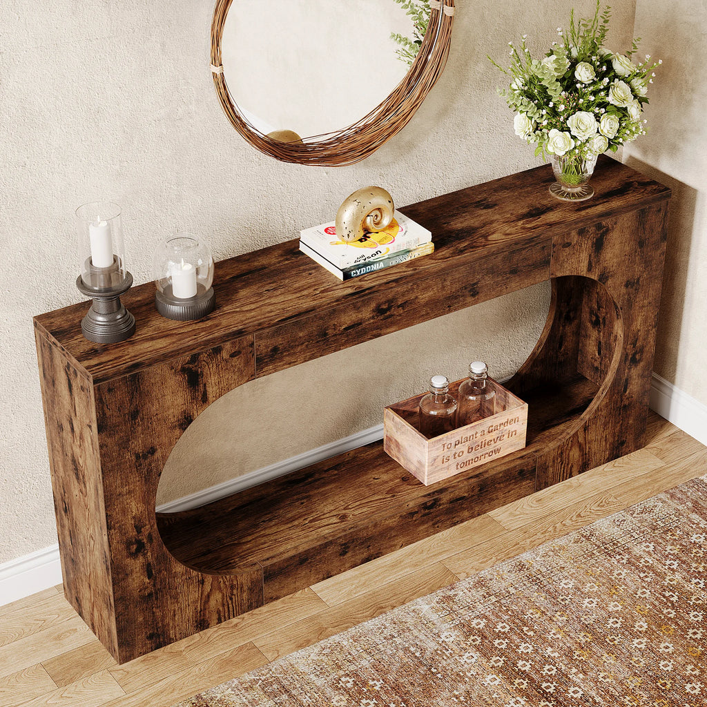 Farmhouse Console Table with 2-Tier Shelf 160cm Rustic Entryway Sofa Table Brown