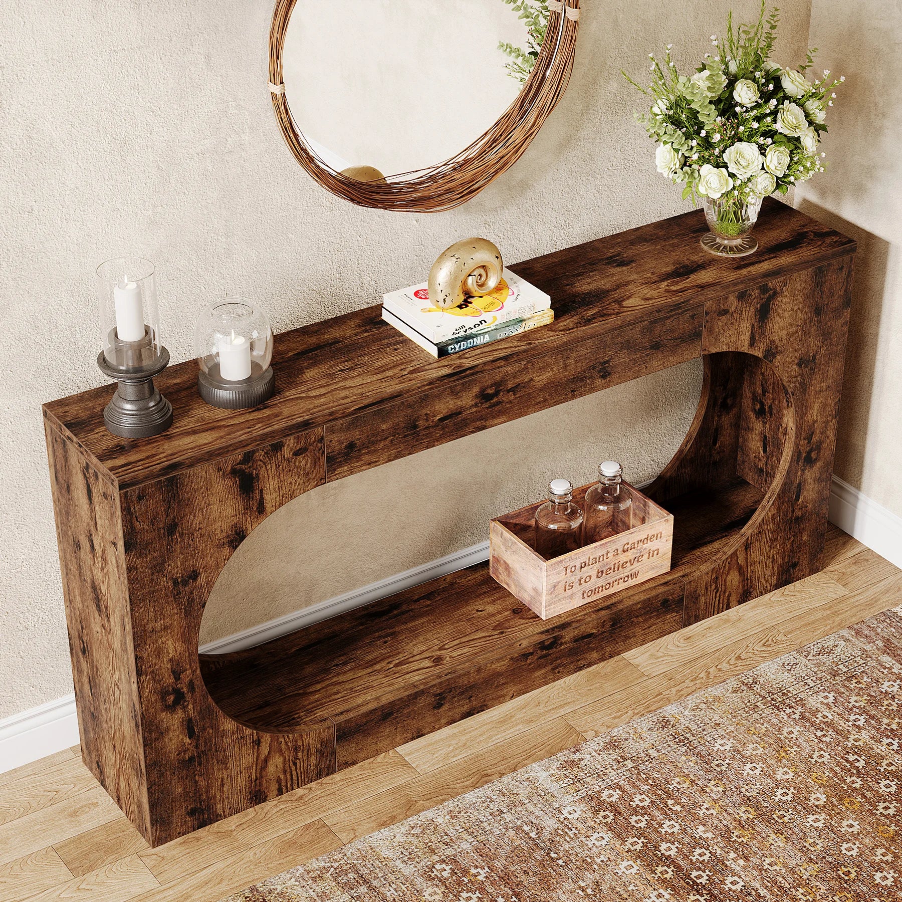 Farmhouse Console Table with 2-Tier Shelf 160cm Rustic Entryway Sofa Table Brown