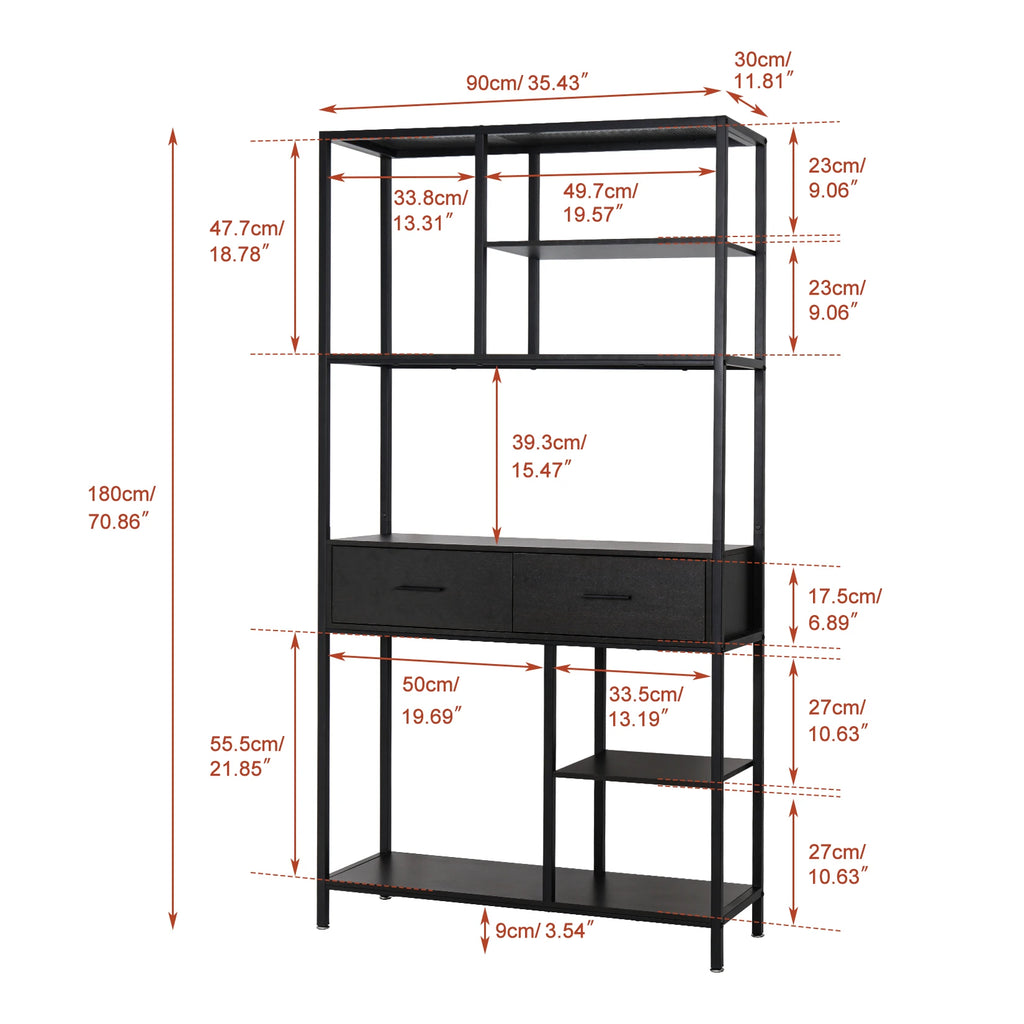 5-Tier Industrial Bookshelf with Drawers Metal and Wood Storage Display Shelf Black