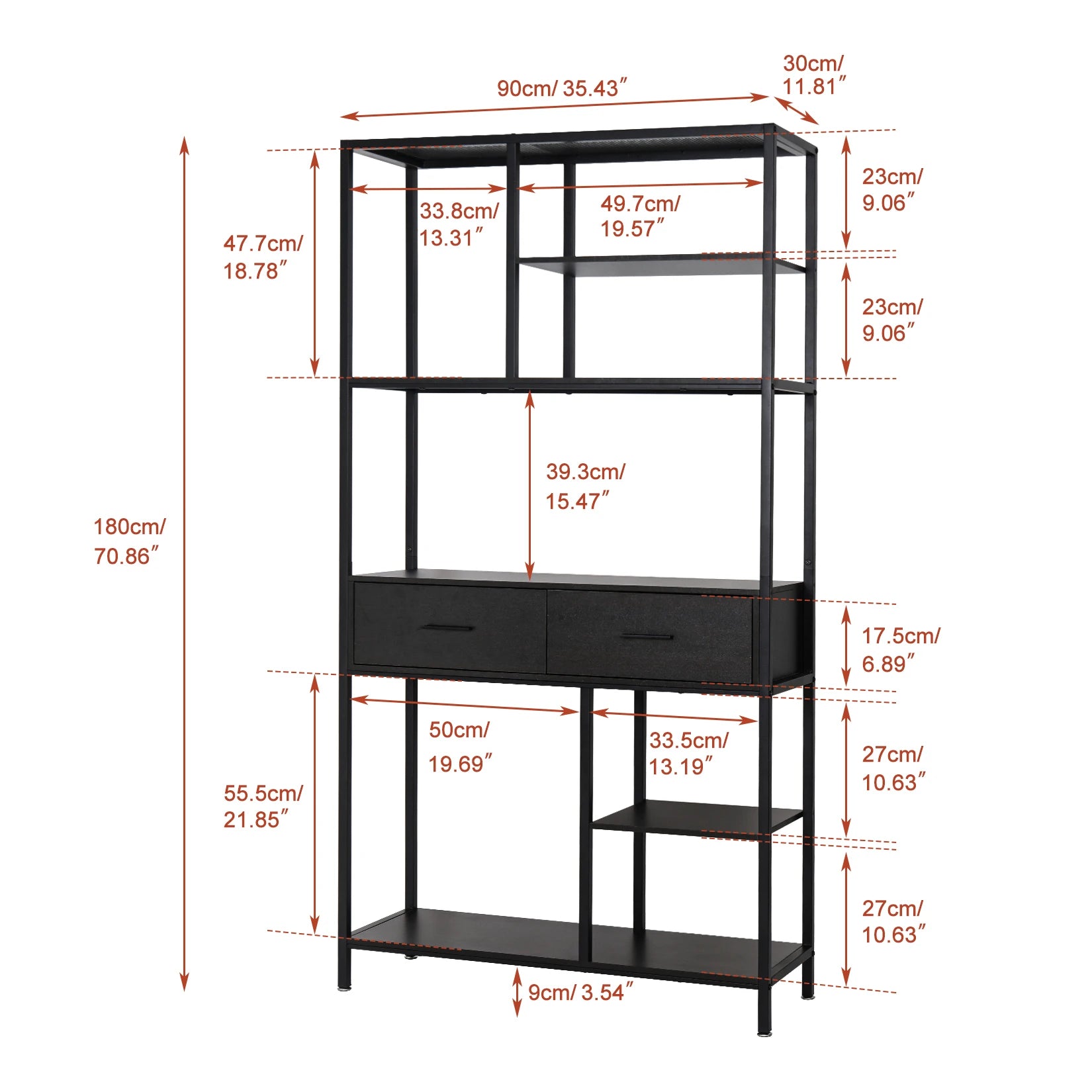 5-Tier Industrial Bookshelf with Drawers Metal and Wood Storage Display Shelf Black