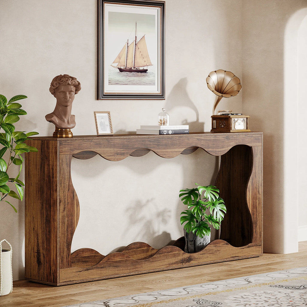 Farmhouse Console Table with 2-Tier Shelf 160cm Entryway Sofa Table Rustic Brown