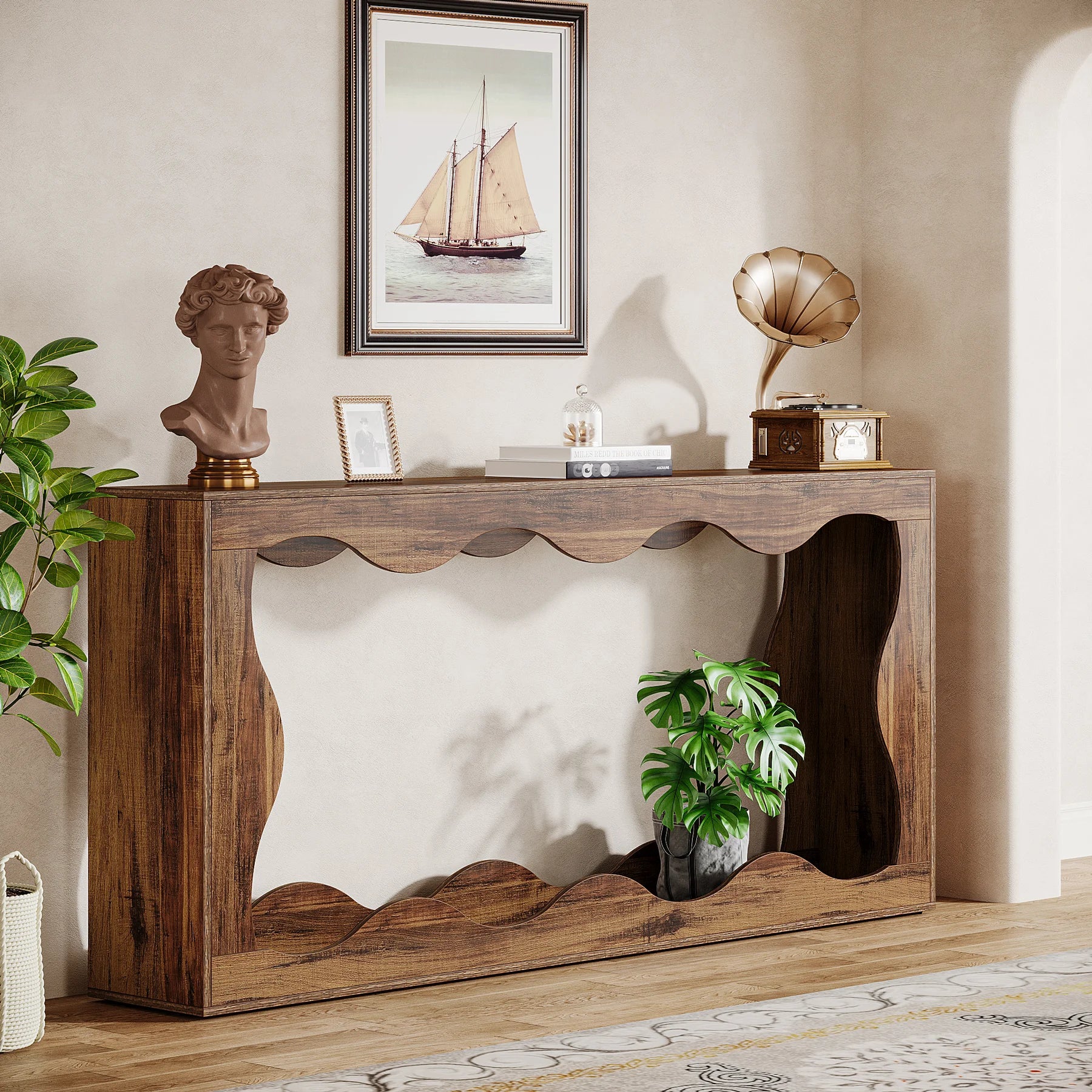 Farmhouse Console Table with 2-Tier Shelf 160cm Entryway Sofa Table Rustic Brown