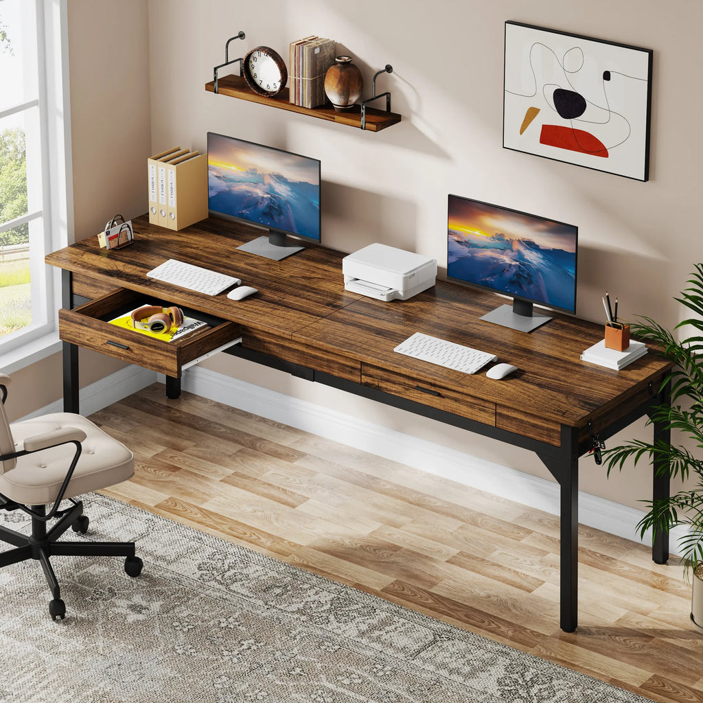 2-Person Office Desk with Drawers and Hooks 200cm Rustic Computer Workstation Rustic Brown