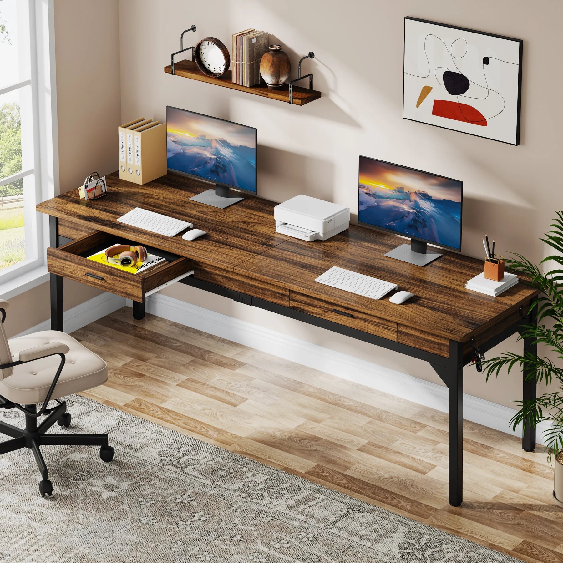 2-Person Office Desk with Drawers and Hooks 200cm Rustic Computer Workstation Rustic Brown