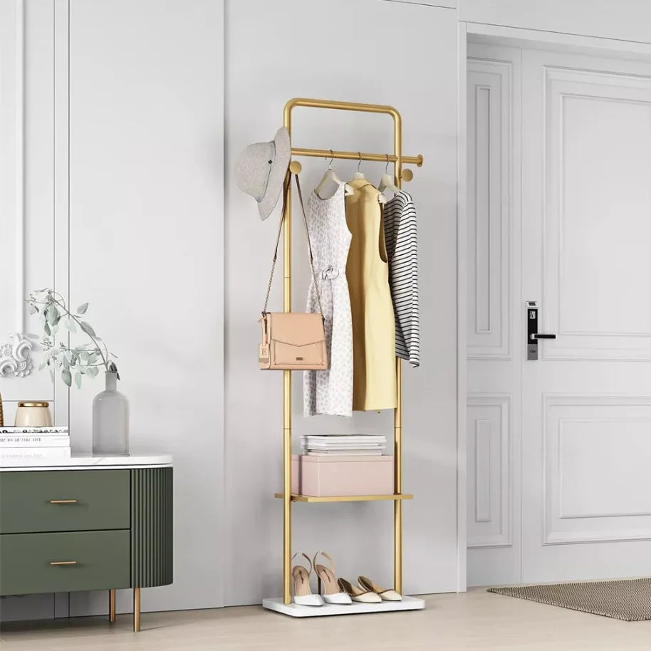 Freestanding Coat Rack Stand with Shelves and Hooks Gold Metal Garment Rack