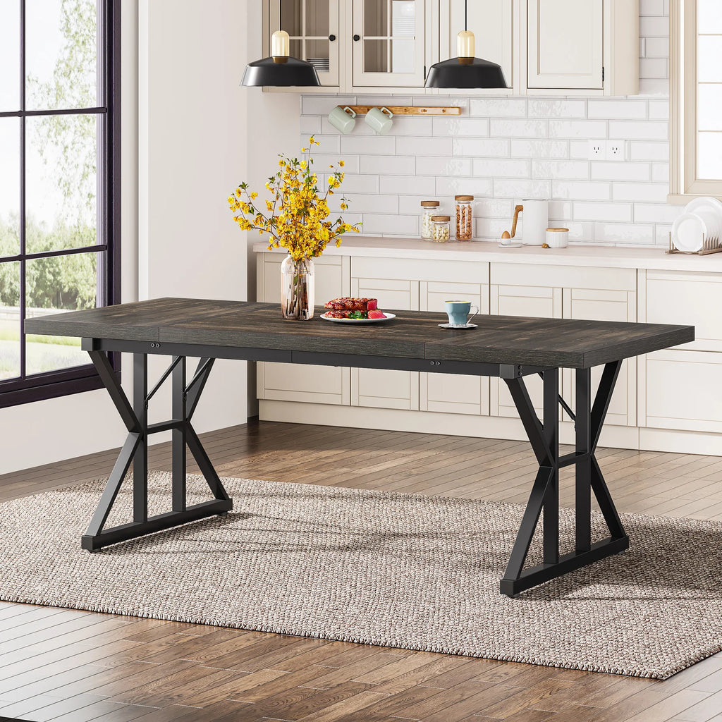 6-Seater Farmhouse Dining Table with Metal Trestle Frame and Wooden Top 180cm Kitchen Table Black Oak