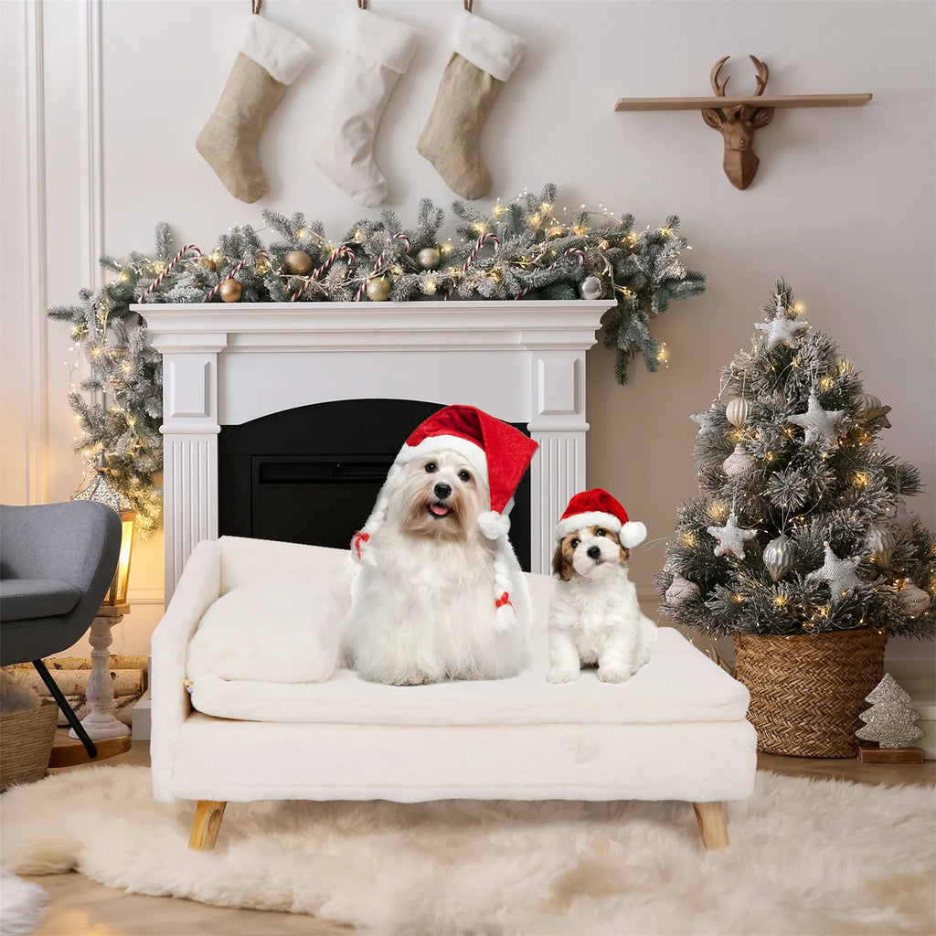 Pet Sofa Bed with Cushion and Wooden Legs Plush Dog and Cat Lounge Bed White Size L