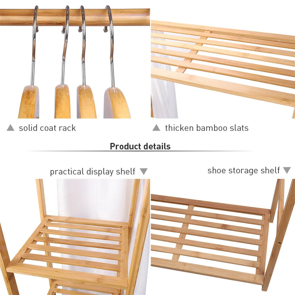 Bamboo Clothes Rack with Shelves and Dustproof Curtain Freestanding Garment Rack Brown