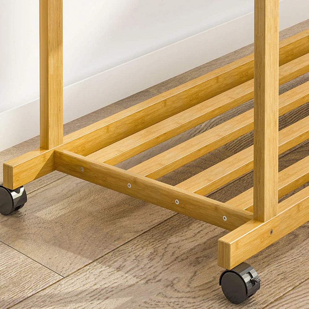 Bamboo Clothes Rack with Hanging Rail, Pants Bar and Bottom Shelf Freestanding Garment Rack Natural Wood