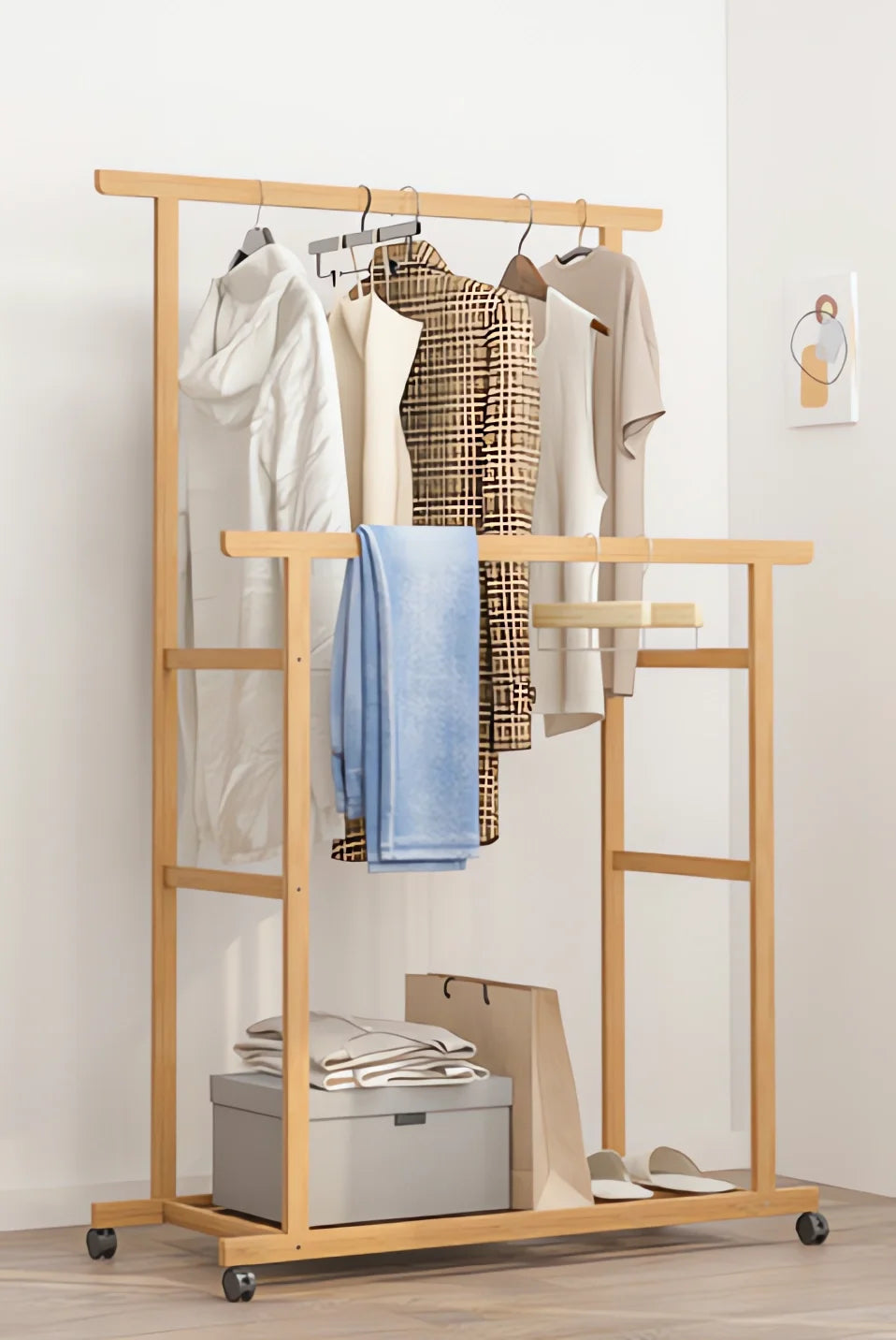 Bamboo Clothes Rack with Hanging Rail, Pants Bar and Bottom Shelf Freestanding Garment Rack Natural Wood