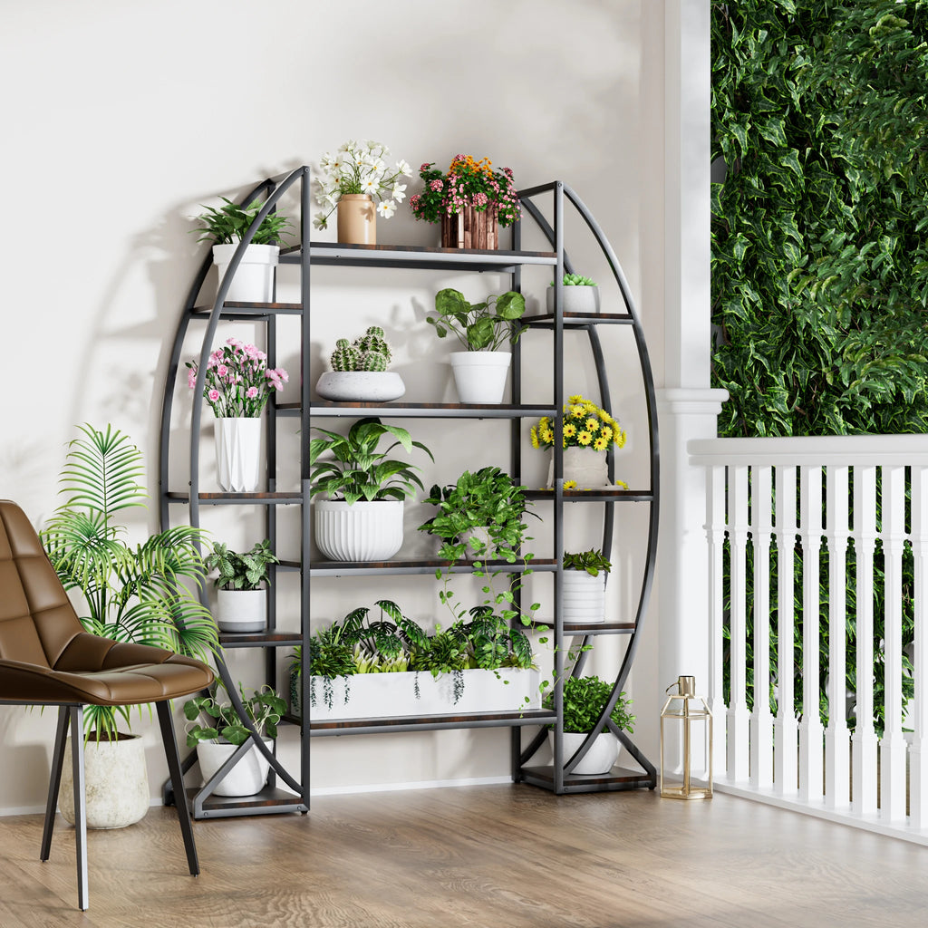 Half-Moon Shape Plant Stand Industrial Bookshelf Storage Shelf Multilayer Garden Flower Rack Without Lights