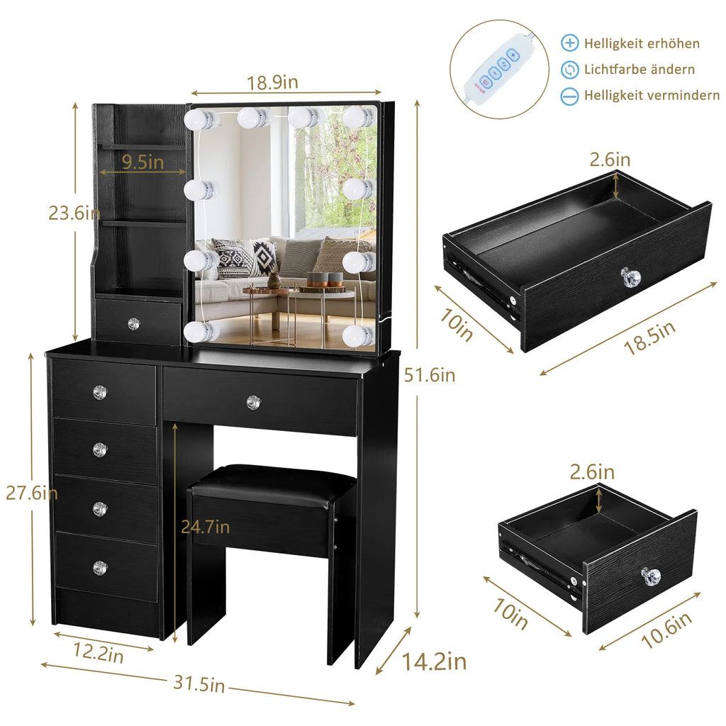 Vanity Table Set with LED Mirror, Stool and 6 Drawers Makeup Dressing Table Black
