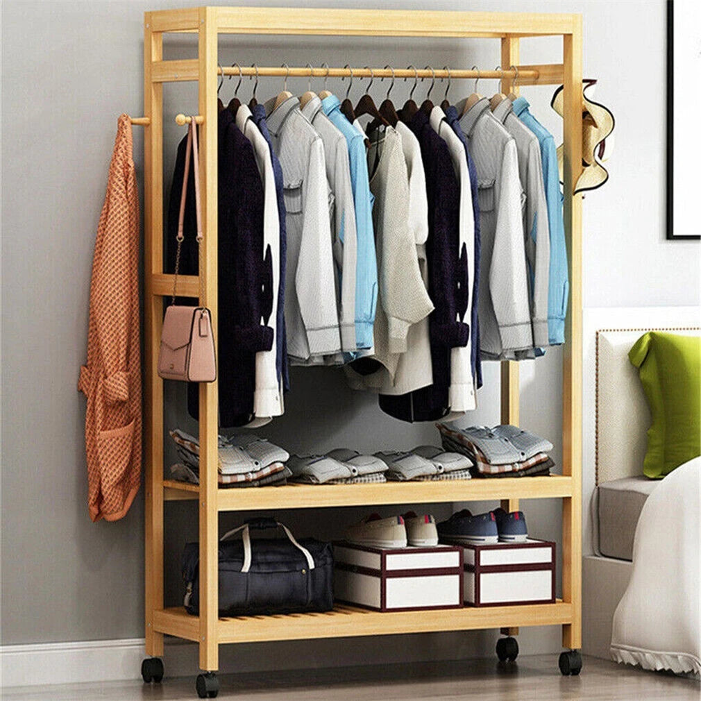 Bamboo Clothes Rack with Shelves, Hooks and Wheels Freestanding Garment Rack Natural Wood