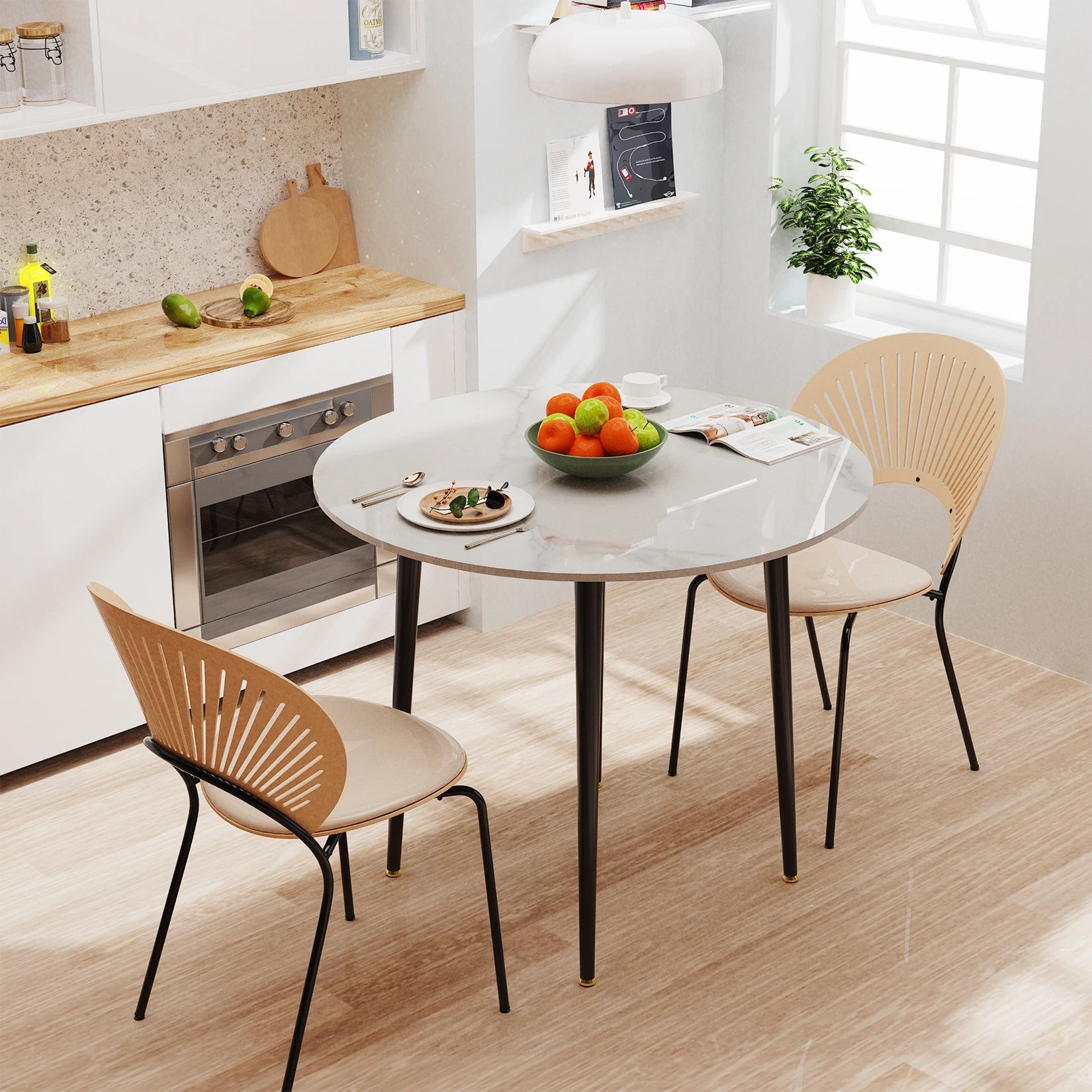 Round Dining Table with Sintered Stone Top and Metal Frame 80cm Modern Kitchen Table White