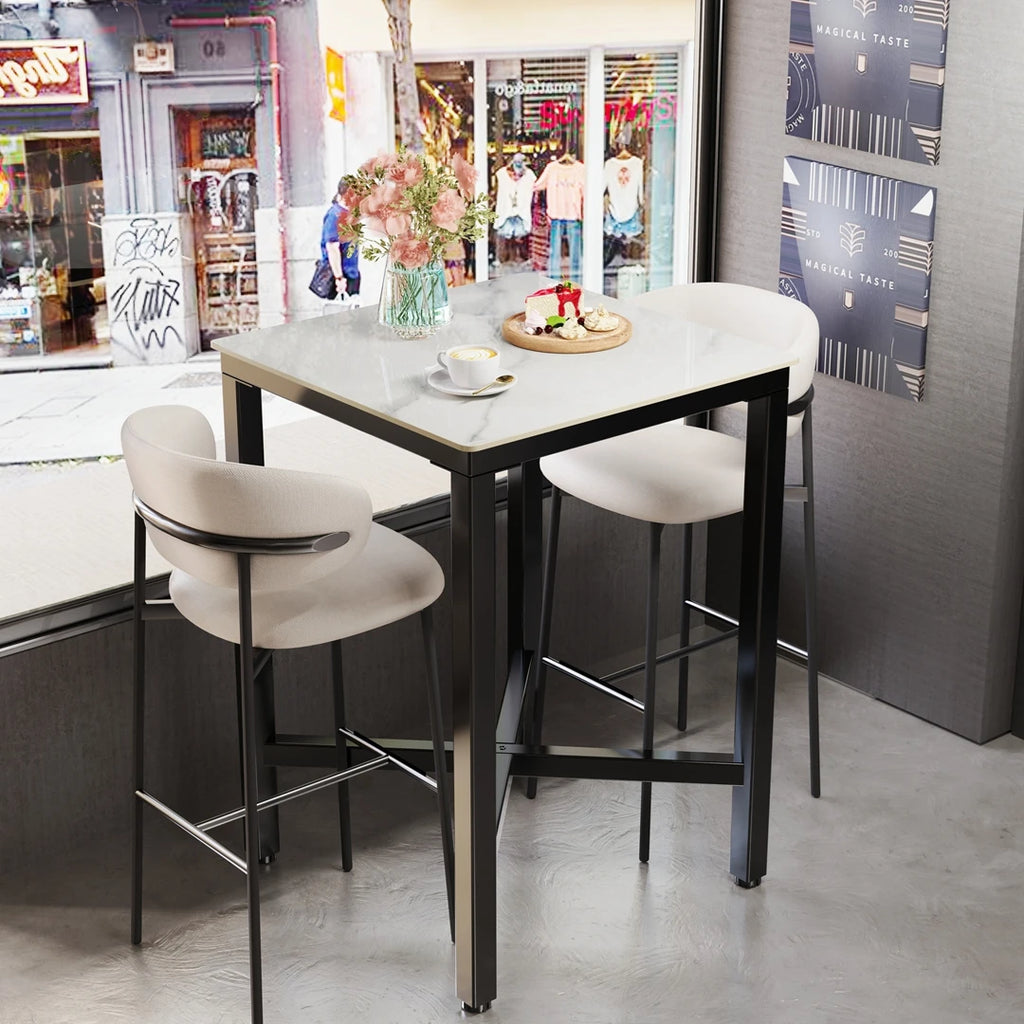 Square Bar Table with Sintered Stone Top and Metal Frame 70cm Modern Kitchen Pub Tabl White
