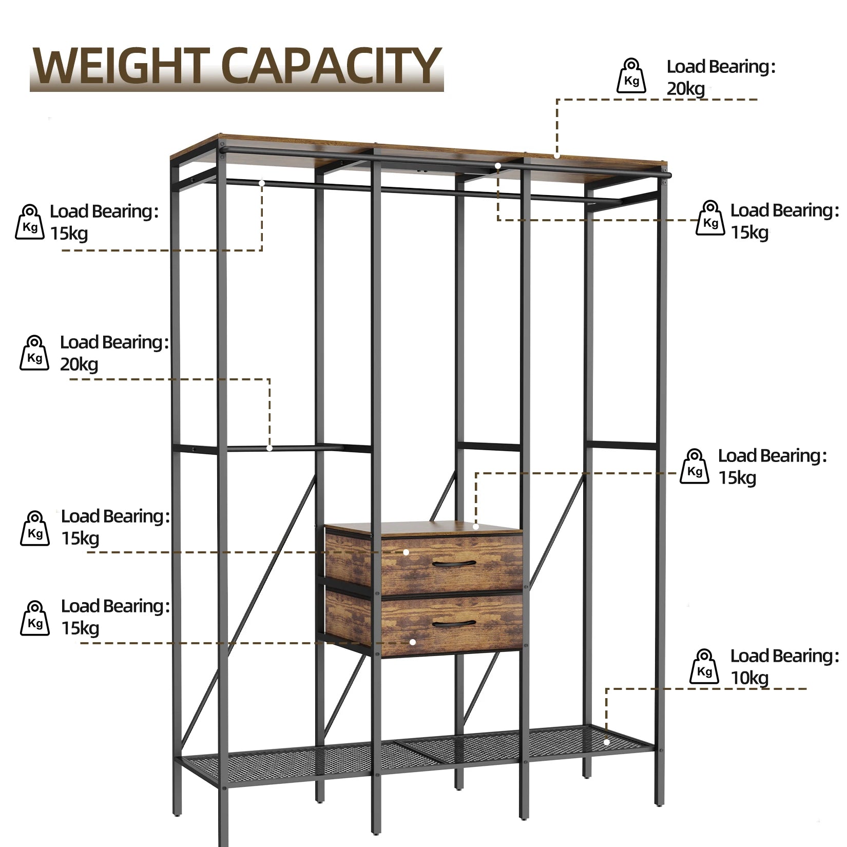 Heavy Duty Clothes Rack Wardrobe with Shelves and Dustproof Cover Industrial Garment Rack XXL Black & Brown