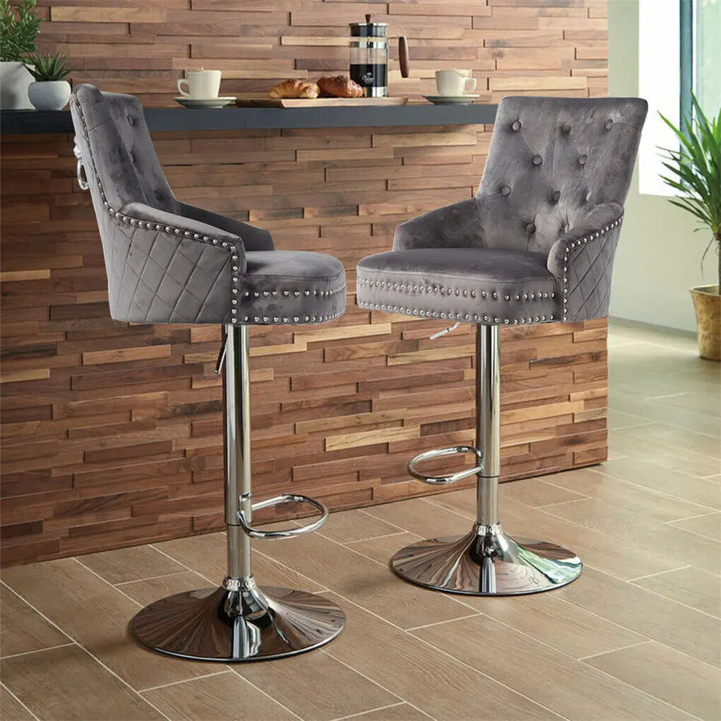 Adjustable Swivel Bar Stool with Velvet Seat and Metal Base Vintage Counter Stool Grey