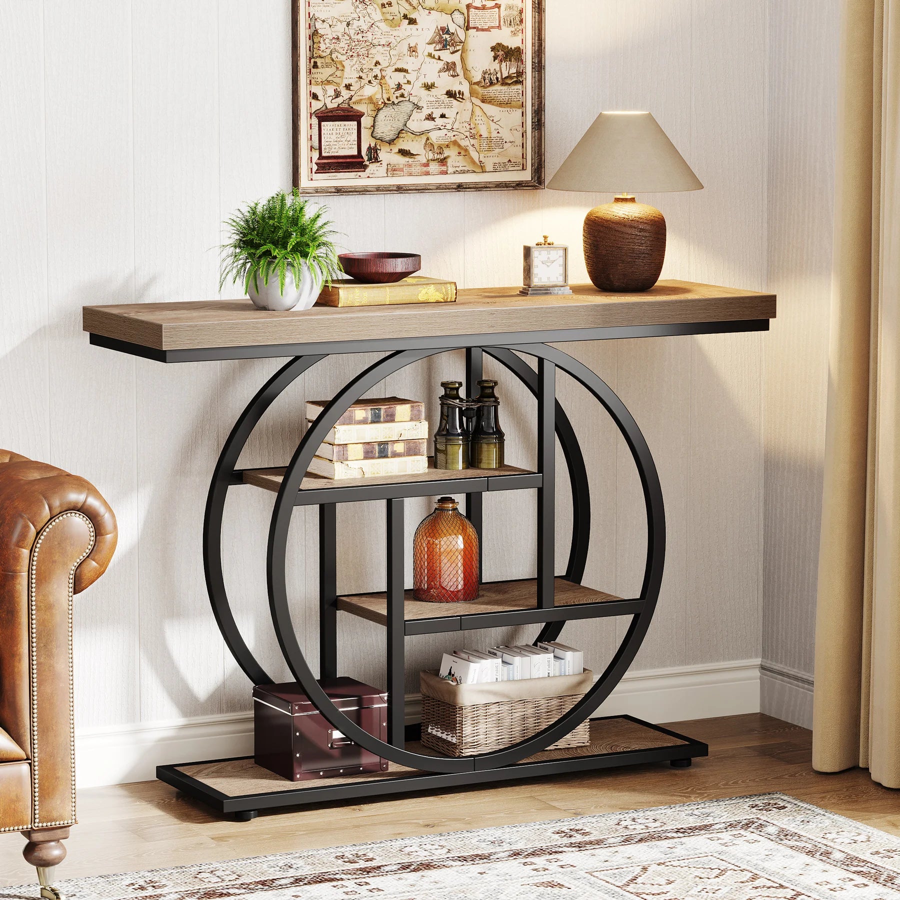 4-Tier Industrial Console Table with Metal Frame and Wooden Shelves Entryway Hallway Storage Table Light Brown