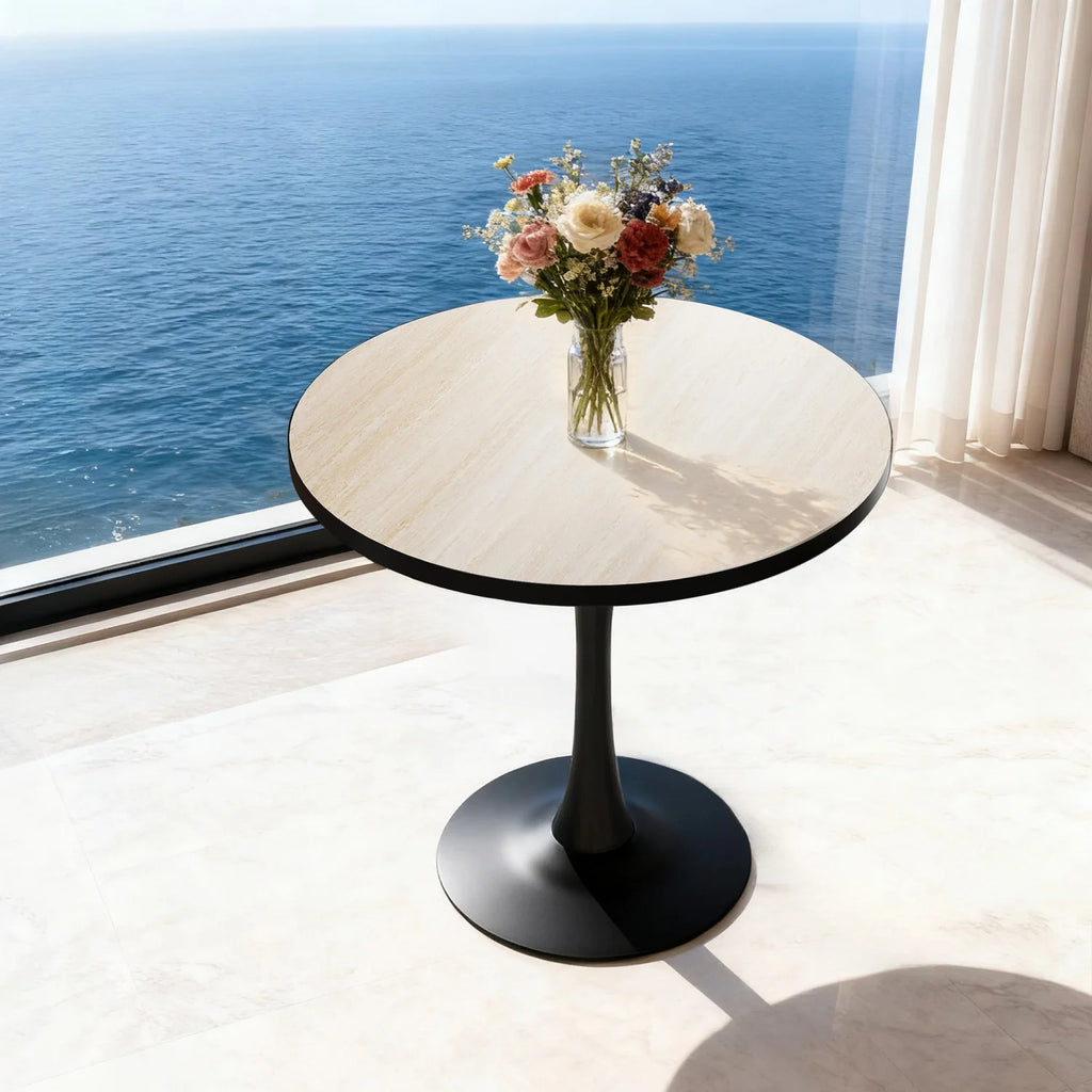 Round Dining Table with Sintered Stone Top and Metal Frame 76cm Modern Kitchen Table Travertine