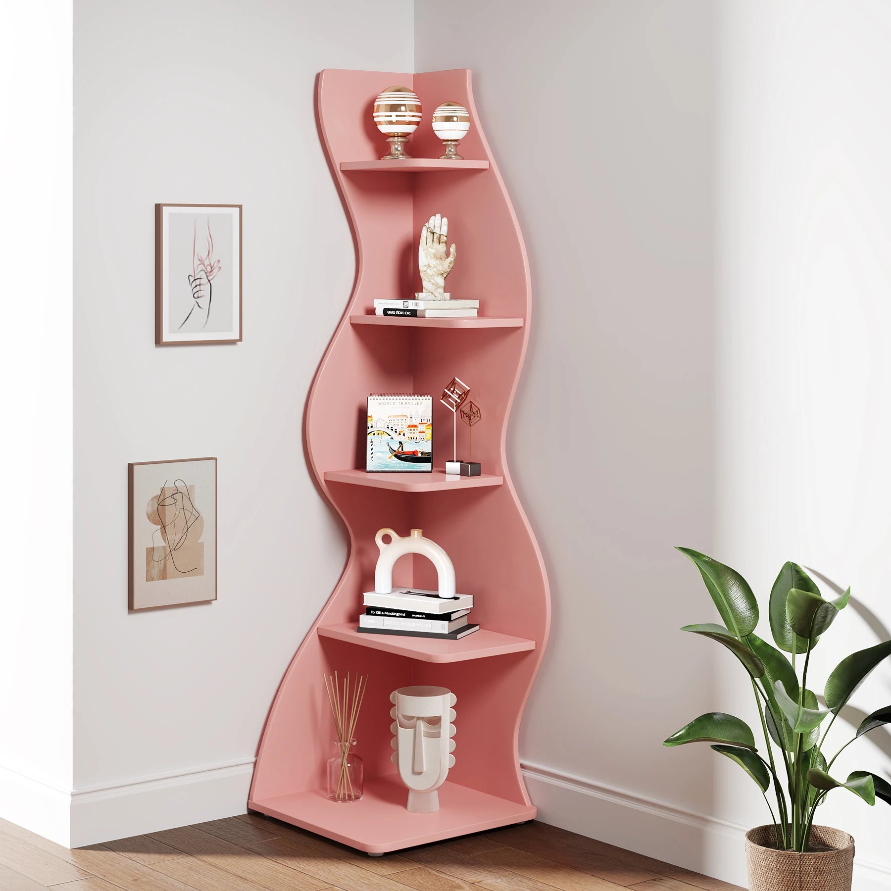 5-Tier White Corner Shelf Storage Rack Wooden Display Bookshelf for Living Room Bedroom Office Pink