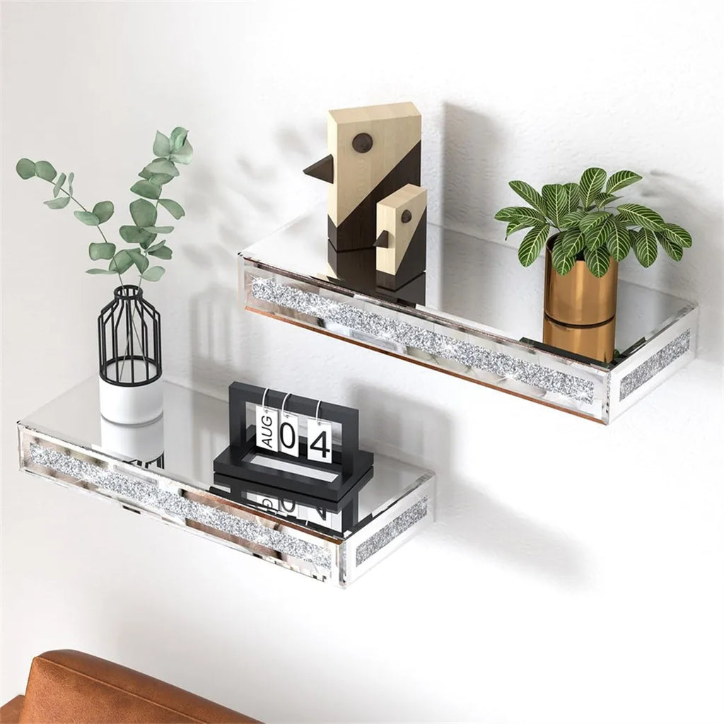 Floating Wall Shelf with Mirrored Glass Finish Modern Decorative Display Shelf 38cm Silver 1PC