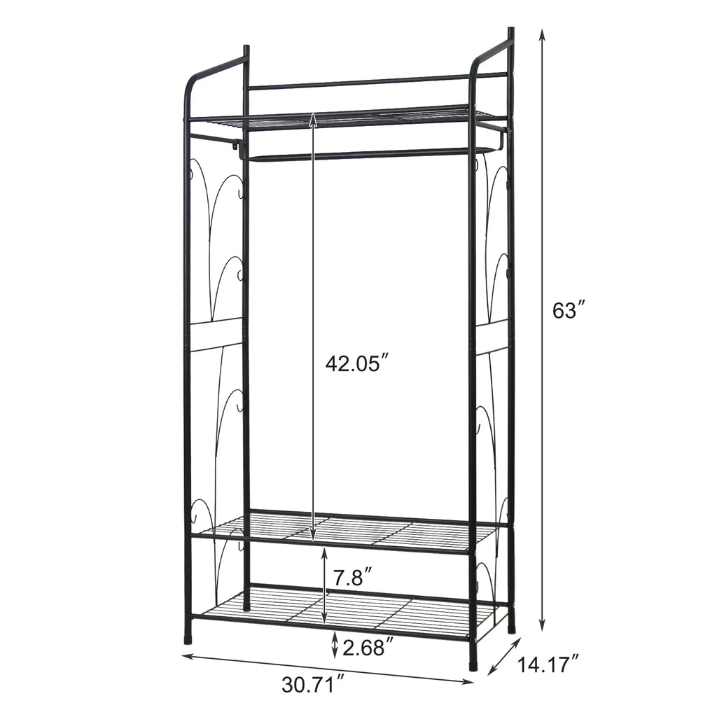 Metal Clothes Rack with Shelves and Hanging Rail Freestanding Garment Rack Organizer Black