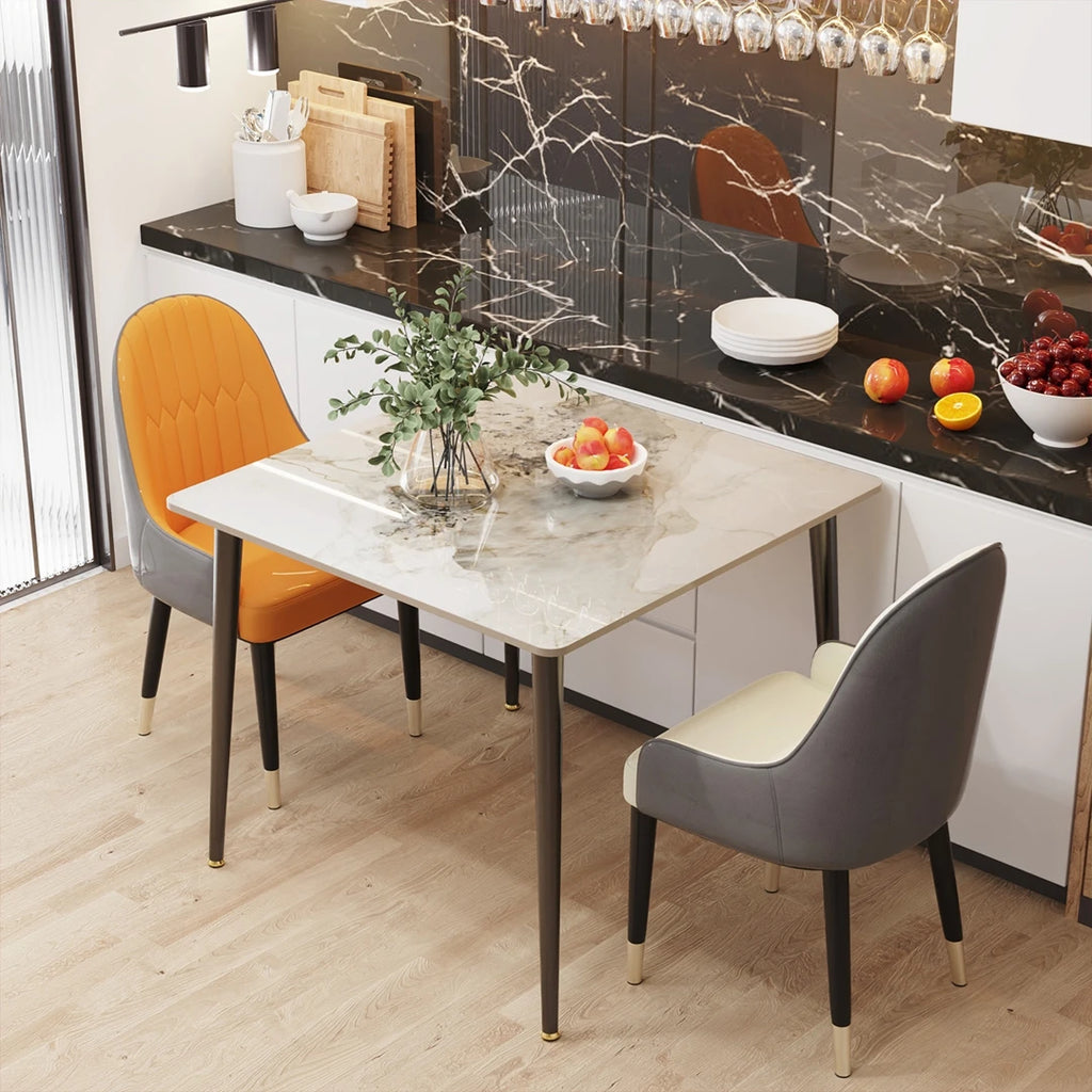 Square Dining Table with Sintered Stone Top and Metal Frame 80cm Modern Kitchen Table White