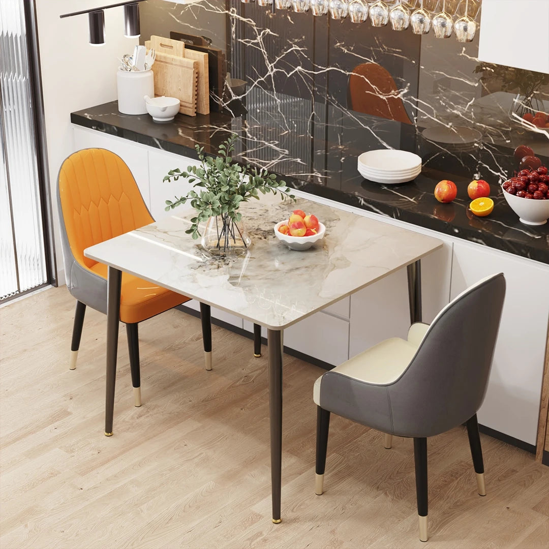 Square Dining Table with Sintered Stone Top and Metal Frame 80cm Modern Kitchen Table White