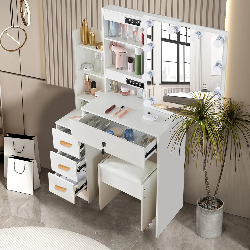 Vanity Table Set with LED Mirror, Stool and Storage Drawers Makeup Dressing Table
