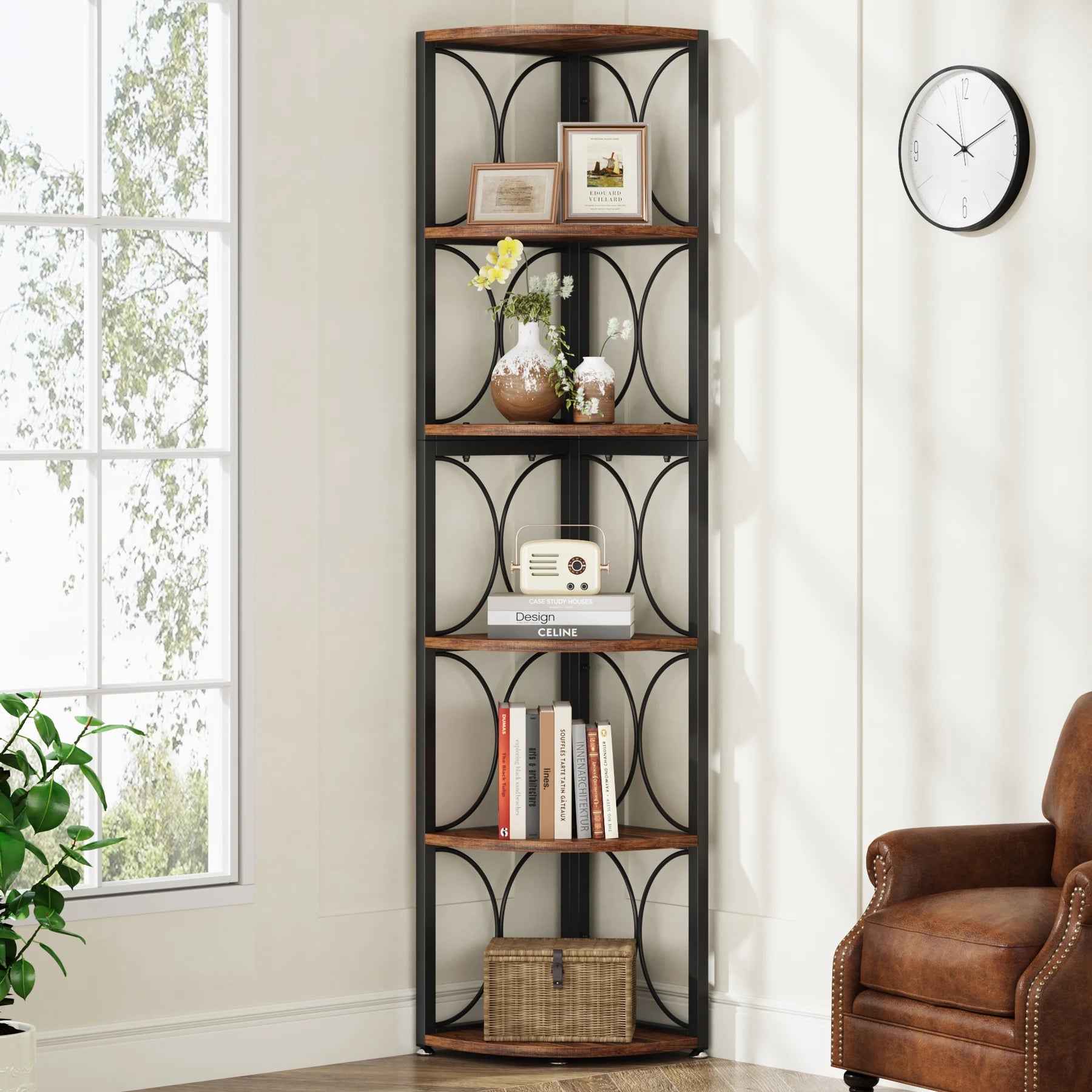 6 Tier Corner Shelf Industrial Tall Bookcase Storage Display Stand for Living Room Office
