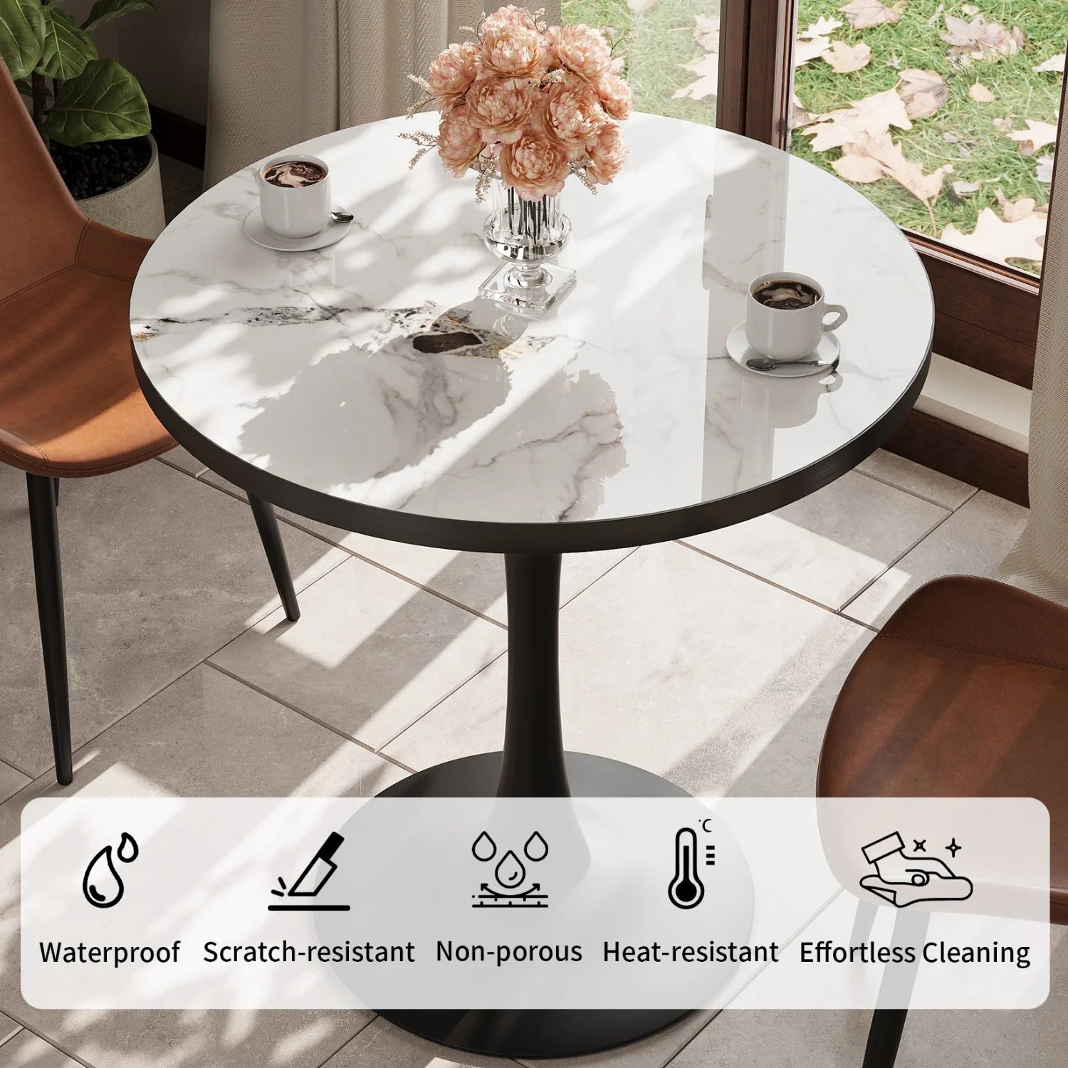 Round Dining Table with Sintered Stone Top and Metal Frame 76cm Modern Kitchen Table  Jade White