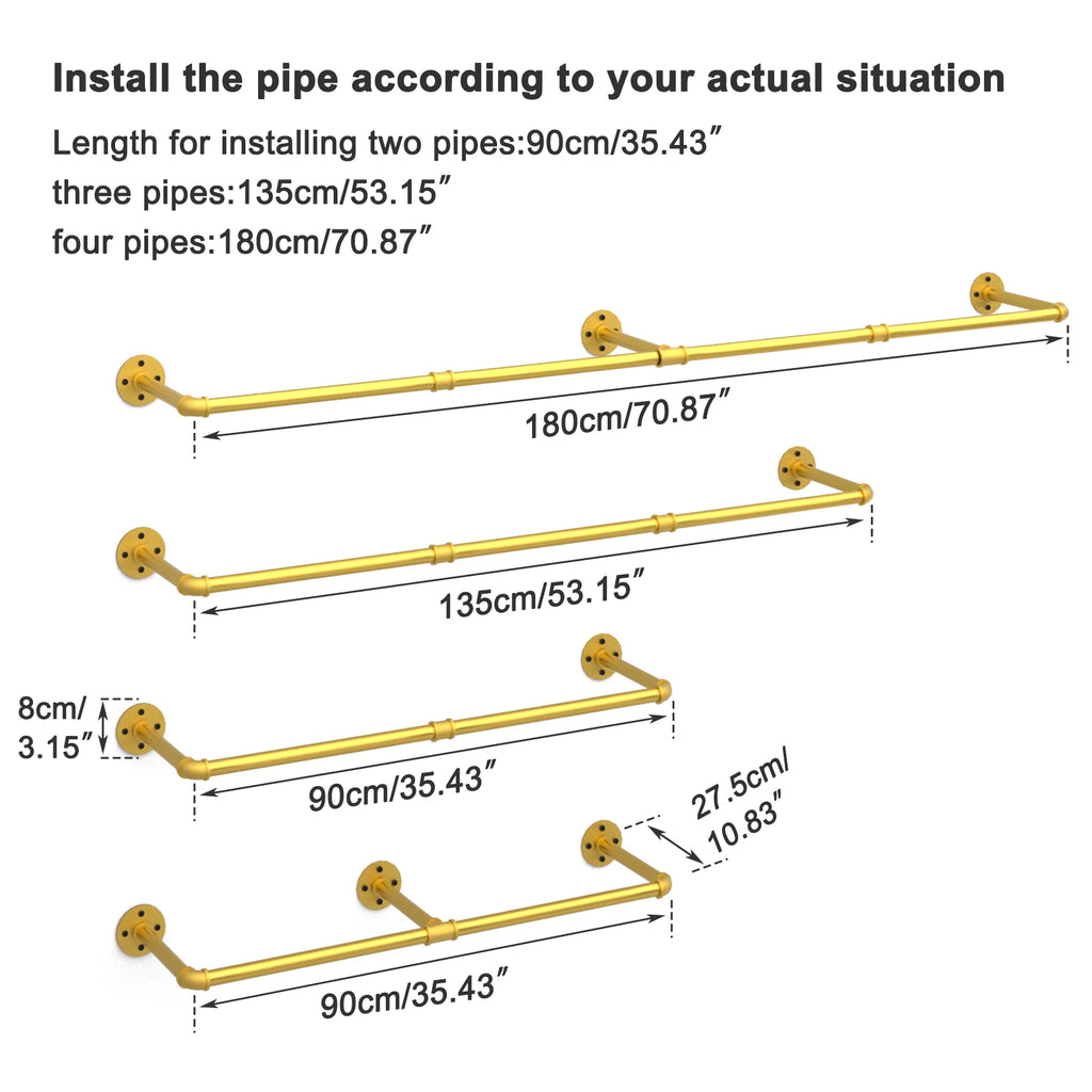 Adjustable Industrial Pipe Clothes Rack Wall Mounted Garment Rack 90-180cm with Hooks Gold