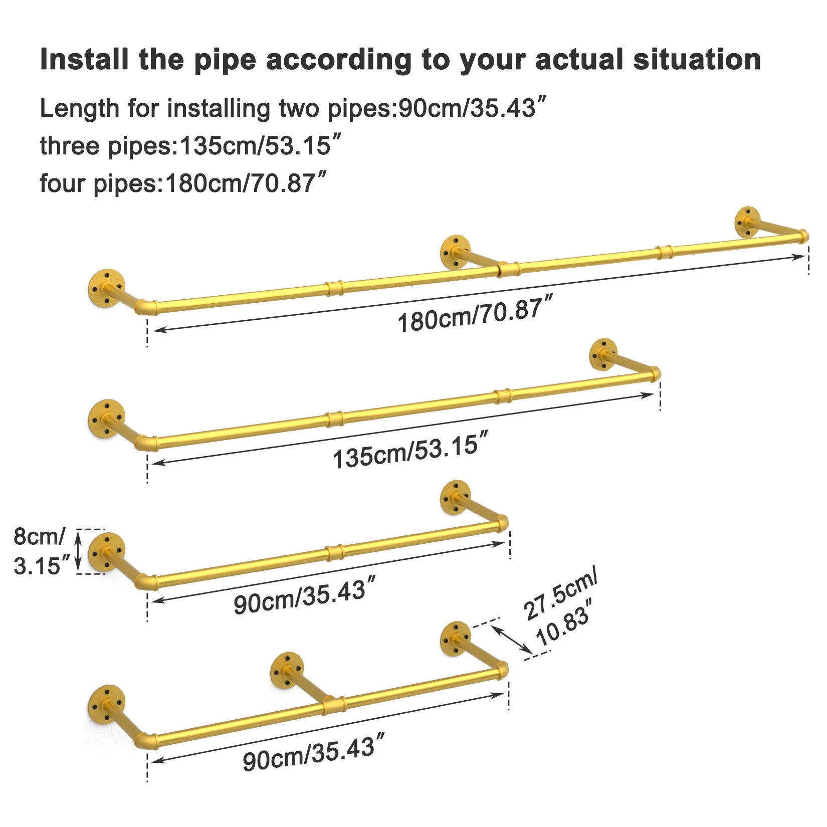 Adjustable Industrial Pipe Clothes Rack Wall Mounted Garment Rack 90-180cm with Hooks Gold