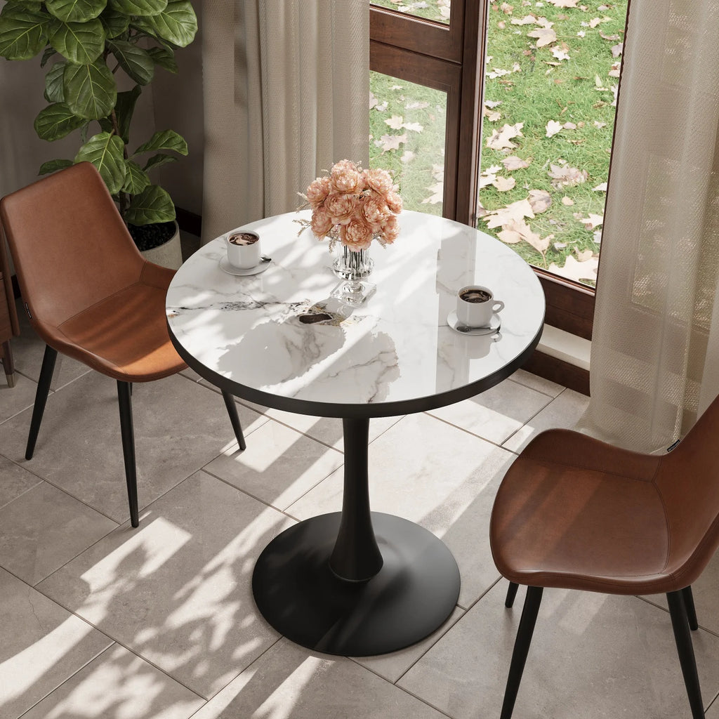 Round Dining Table with Sintered Stone Top and Metal Frame 76cm Modern Kitchen Table  Jade White