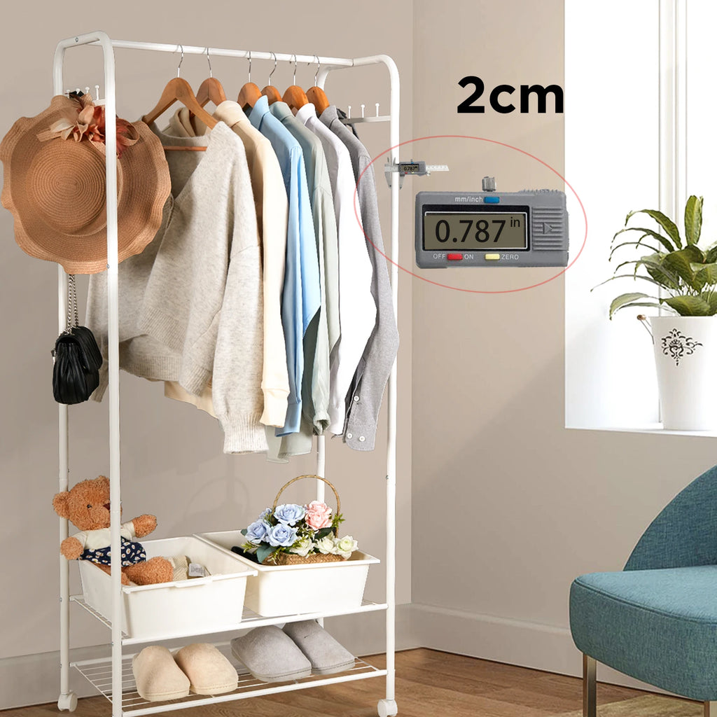 Freestanding Clothes Rack with Shelves and Wheels Metal Garment Rack Organizer White