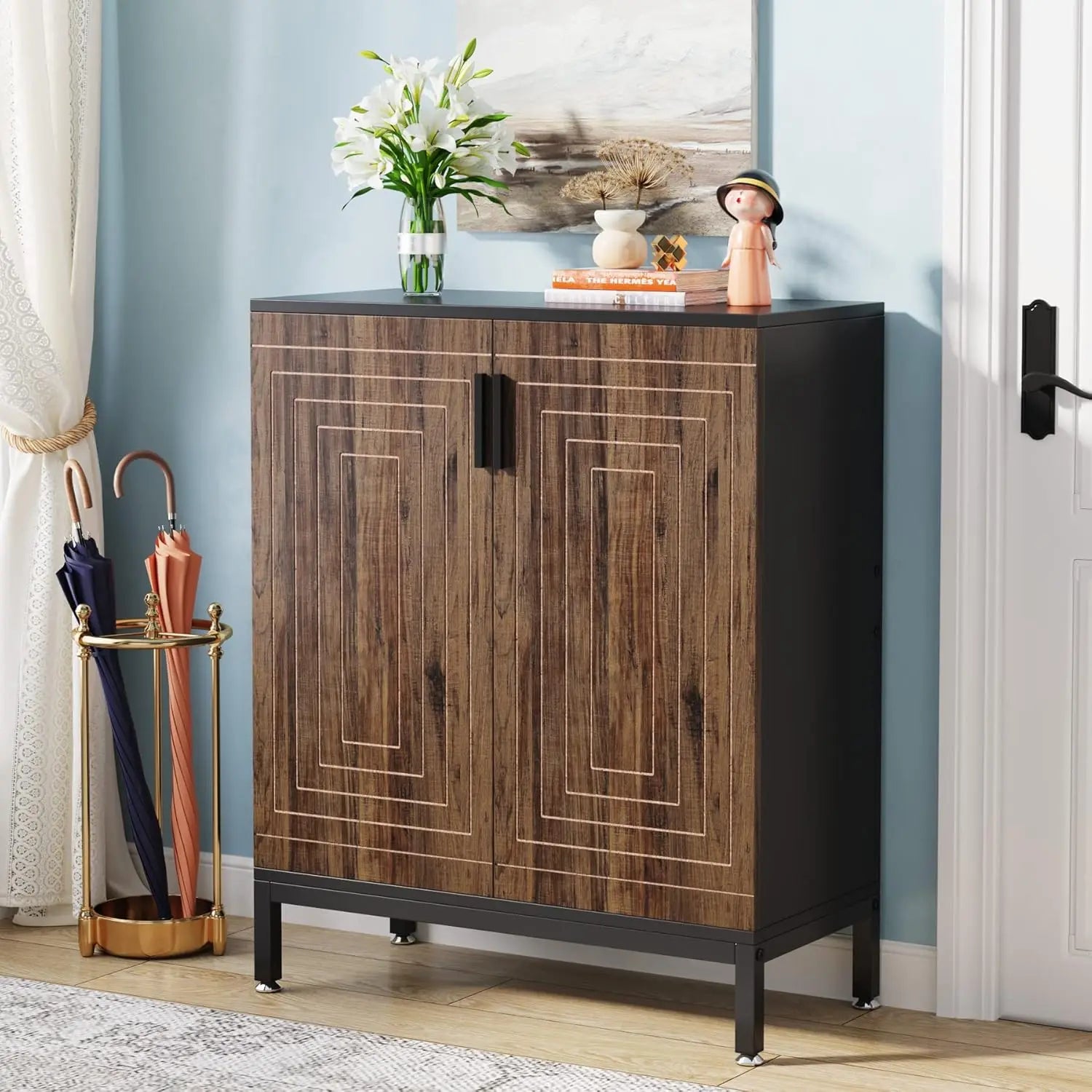 5-Tier Shoe Storage Cabinet with Doors Wooden Entryway Shoe Organiser Holds Up to 24 Pairs Brown