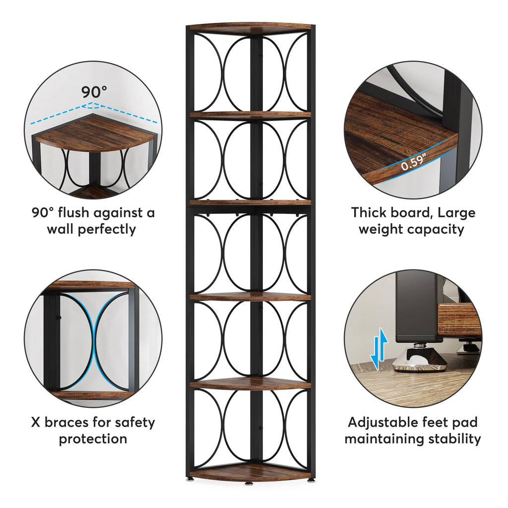 6 Tier Corner Shelf Industrial Tall Bookcase Storage Display Stand for Living Room Office